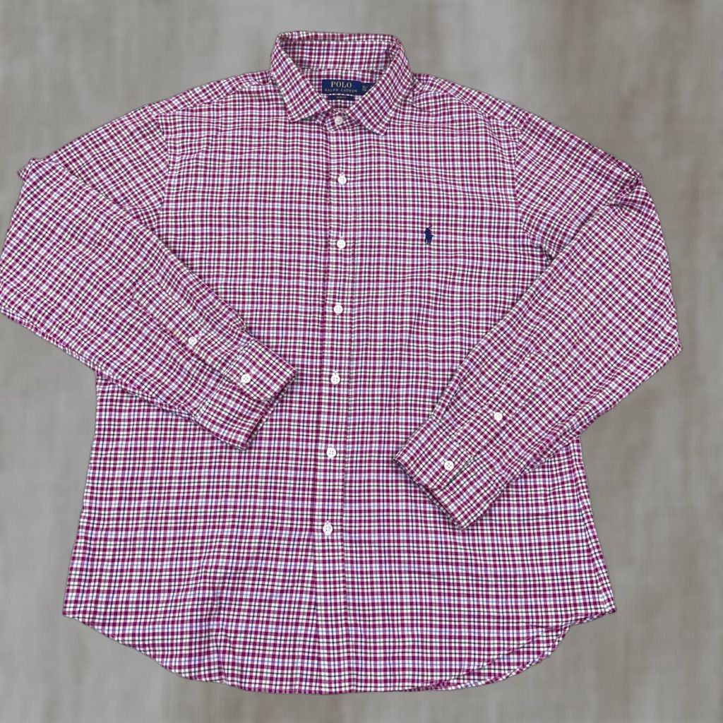 Polo Ralph Lauren VINTAGE Polo Ralph Lauren Shirt Men XL Pink Purple Button Up Slim Fit Windowpane Dress Size 46R - 1 Thumbnail
