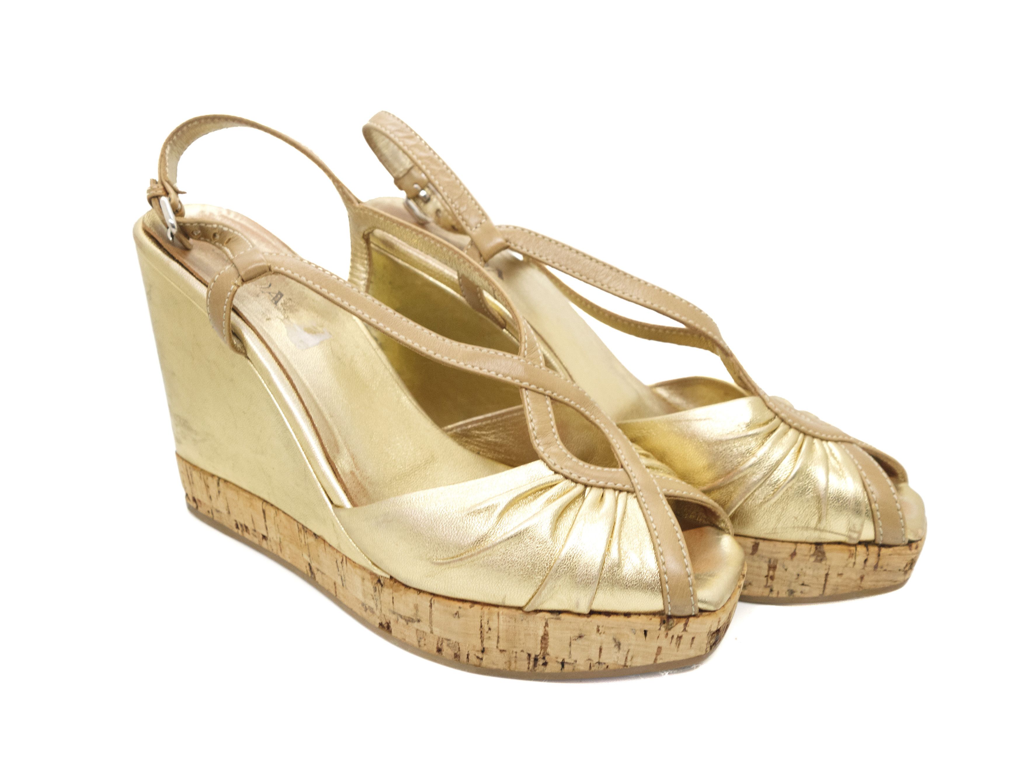 Prada 00s Metallic Cork Wedge Strappy Peep Toe Heels y2k Size US 9 / IT 39 - 3 Thumbnail