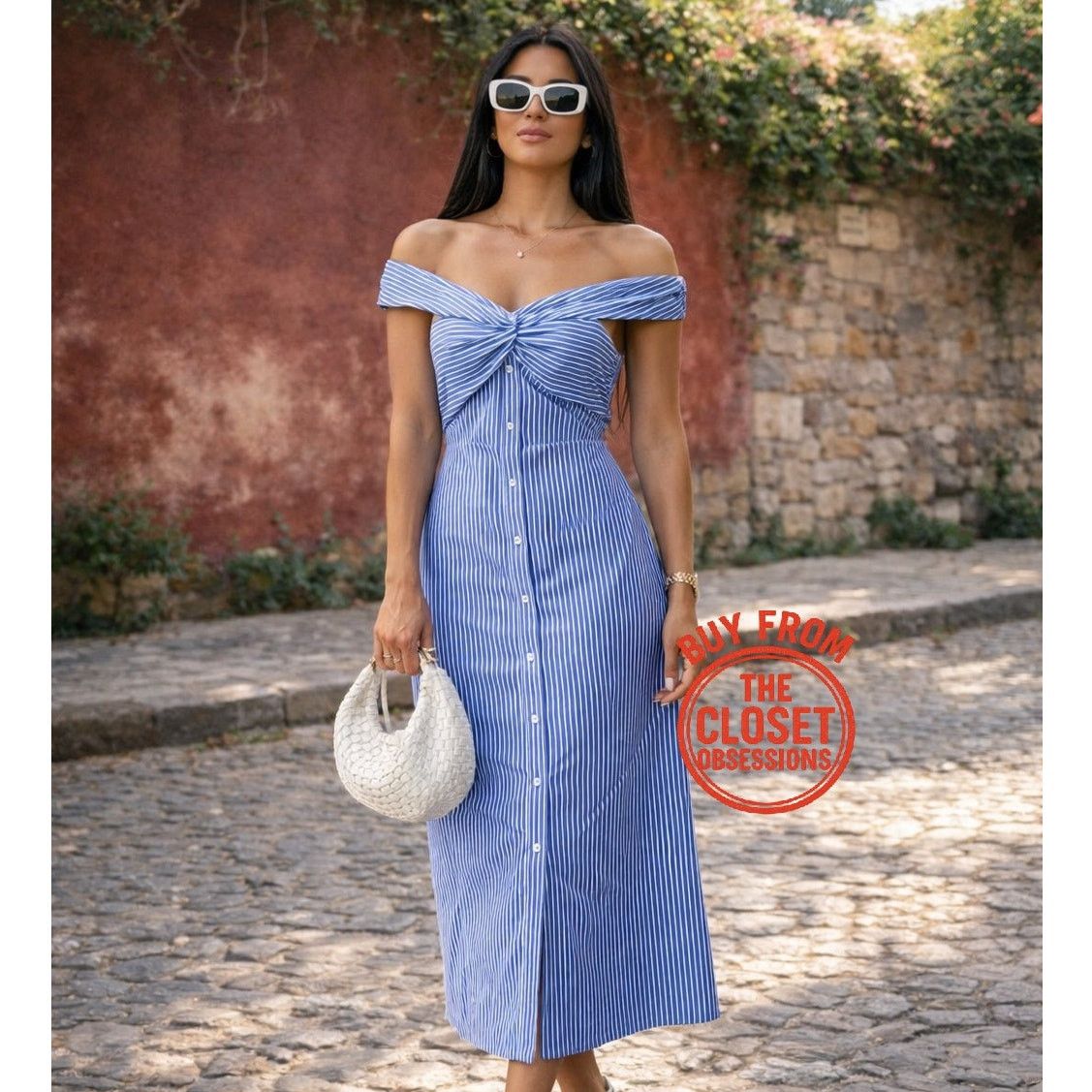 Mango MANGO Striped Off-Shoulder Midi Dress NWT Size M / US 6-8 / IT 42-44 - 1 Thumbnail