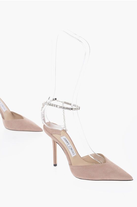 image of Jimmy Choo Suede Saeda Ankle-Strap Pumps Embellished With Rhinestones H Shoes in Pink, Women's (Siz
