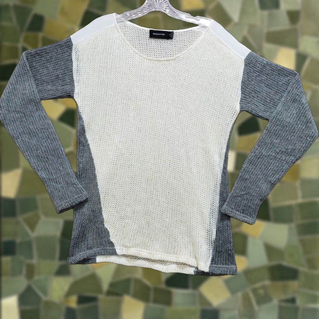 MINKPINK Minkpink Sweater Women's XS Gray White Open Knit Round Neck Long Sleeve Pullover Size XS / US 0-2 / IT 36-38 - 1 Thumbnail