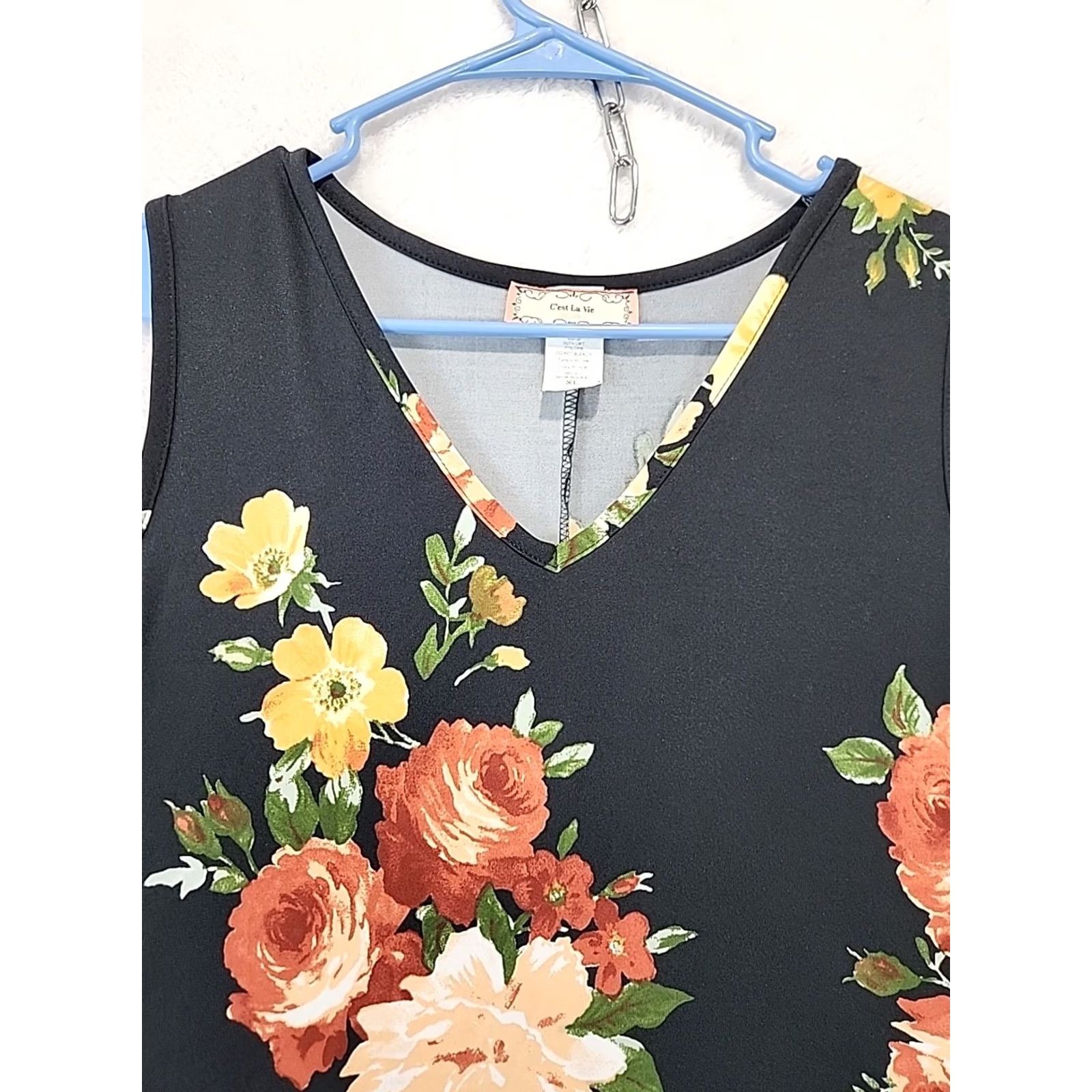 Vintage VINTAGE C'est La Vie Tank Top Women XL Black Floral A Line Swing Tunic V-Neck Shirt Size XL / US 12-14 / IT 48-50 - 3 Thumbnail