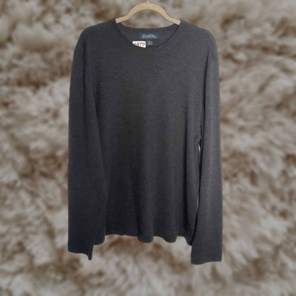 Brooks Brothers Merino Wool Sweater Mens XL Gray Long Sleeve Round Neck Classic Knit Solid Lightweight Stretch