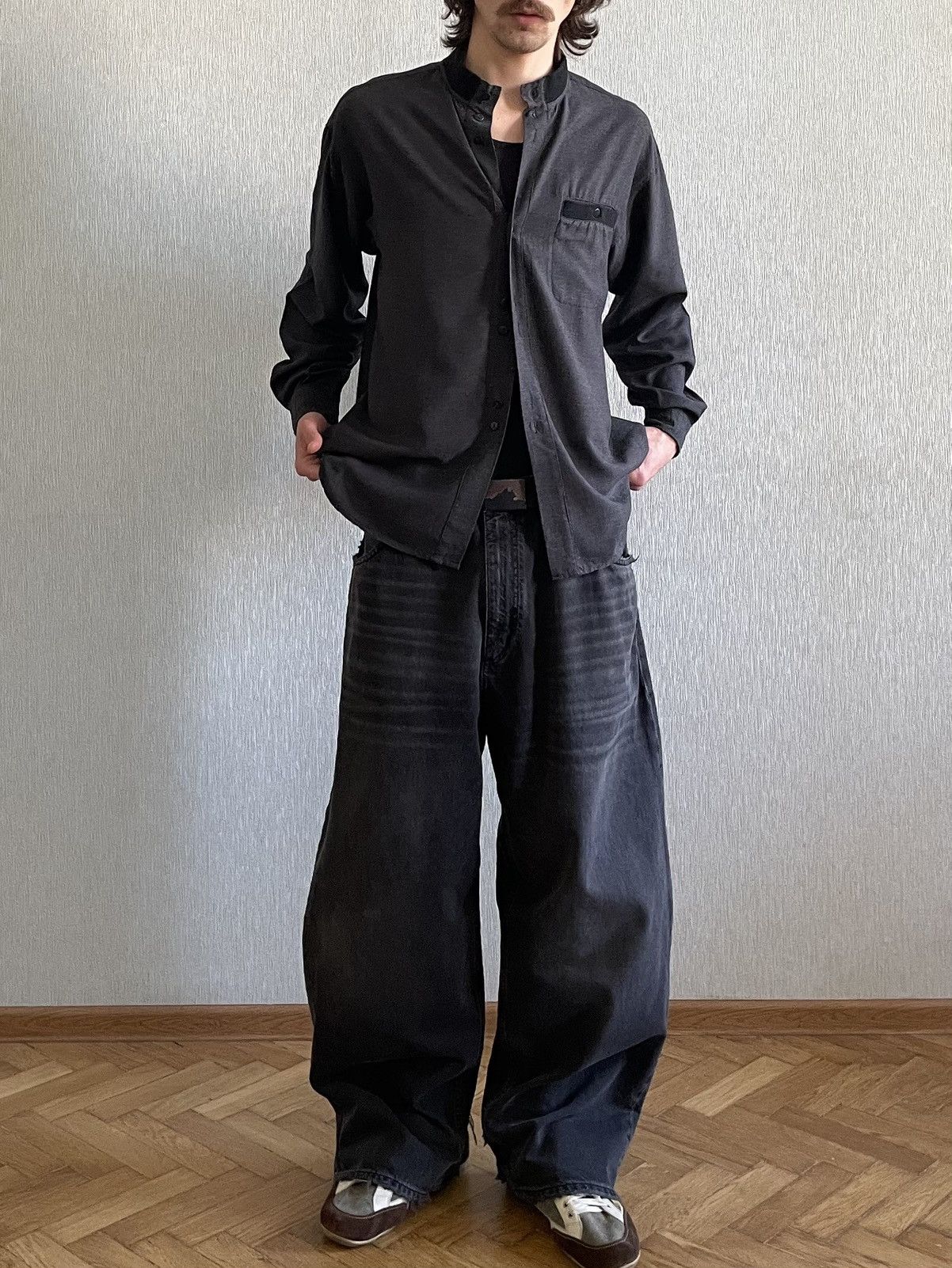 Vintage Mandarin Collar Shirt: Dark Gray Viscose, Italy Size US L / EU 52-54 / 3 - 6 Thumbnail