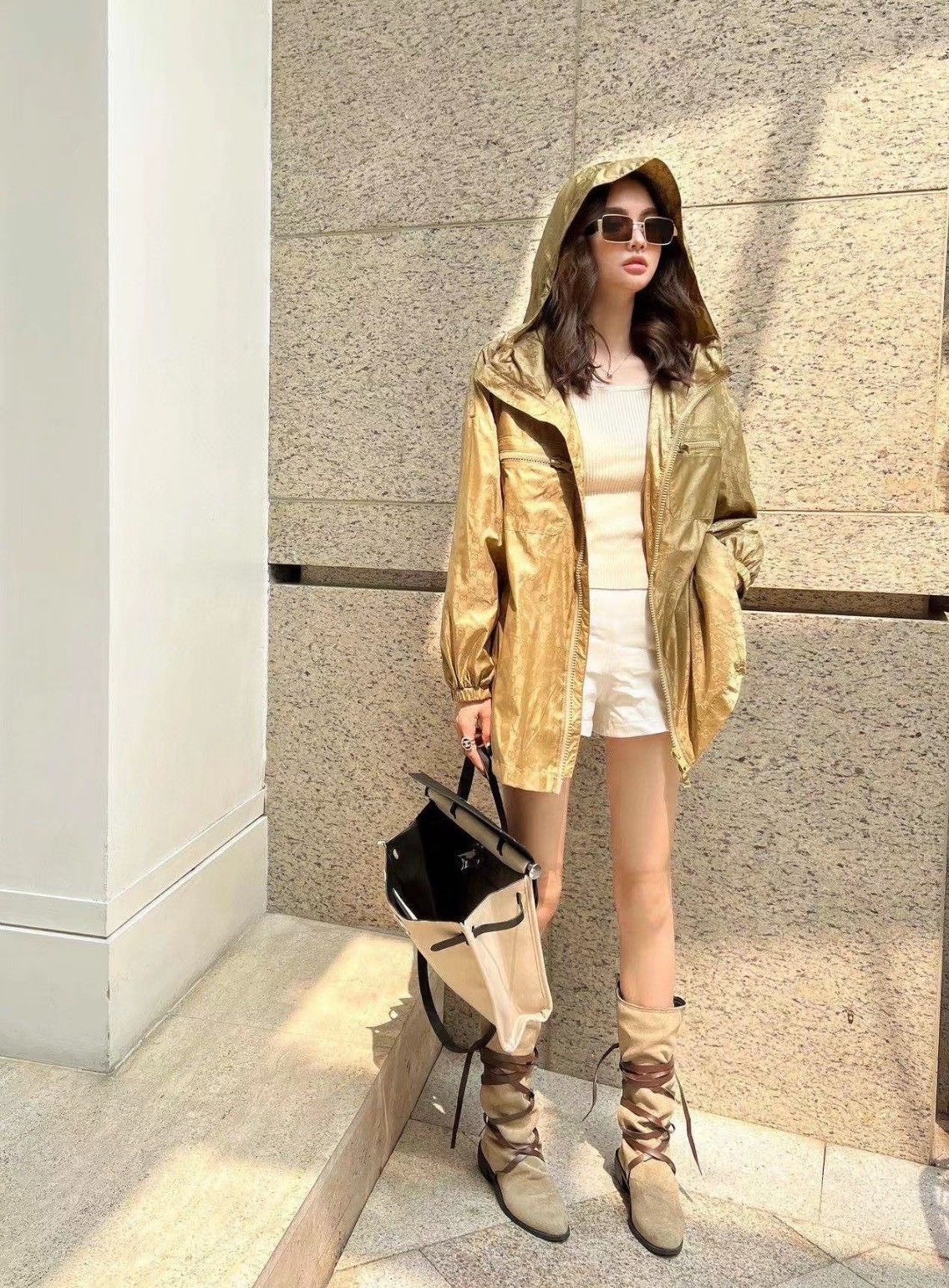 Gucci Gucci Gold-Brown Double G Monogram Hooded Jacket Size US M / EU 48-50 / 2 - 7 Thumbnail