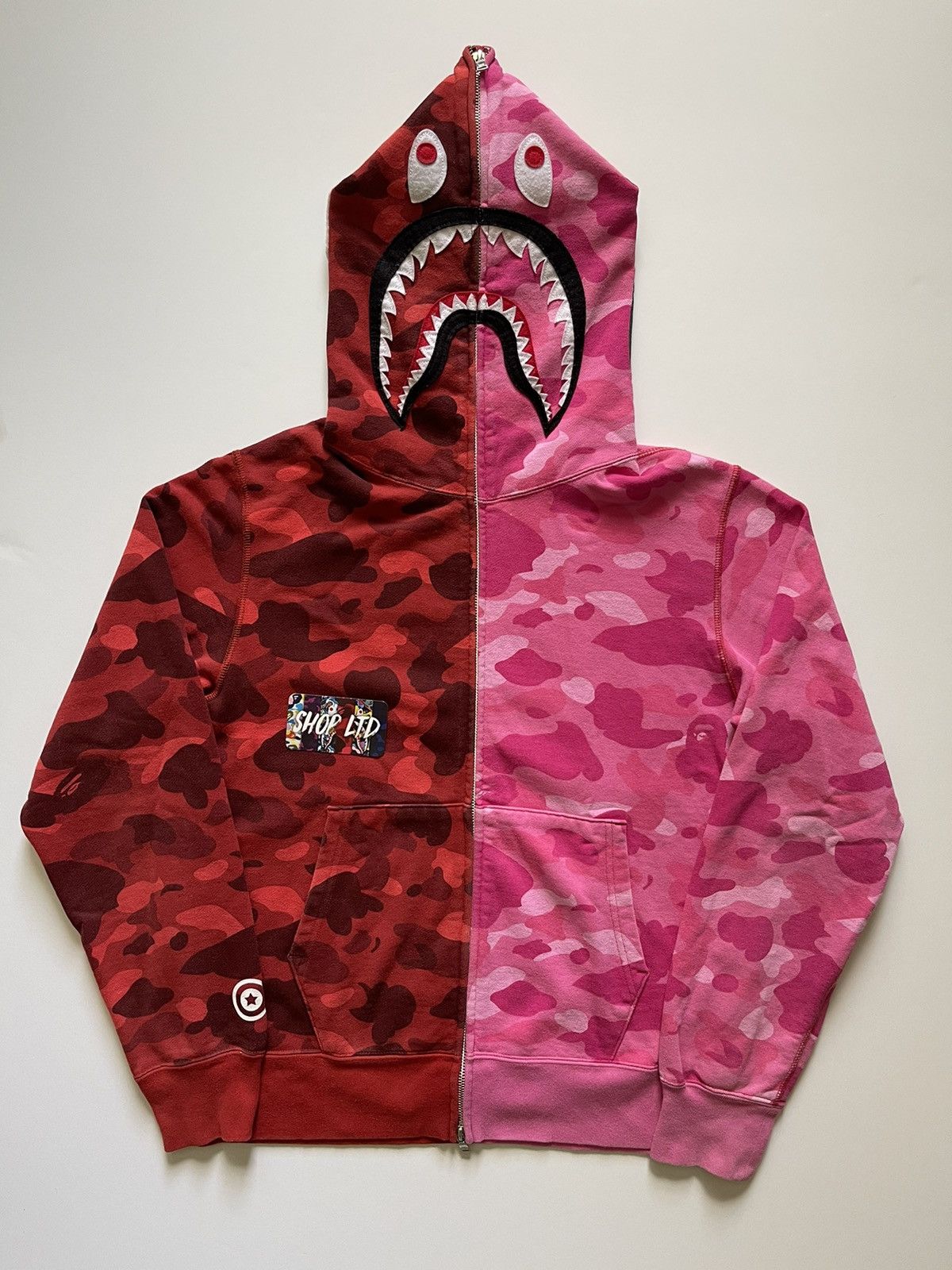 Pre owned Bape A Bathing Ape Red pink Camo Split Shark Hoodie