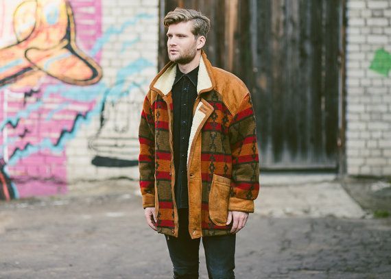 Genuine Leather Unique 80s Suede Shearling Wool Navajo Print Heavy Jacket Size US L / EU 52-54 / 3 - 2 Thumbnail
