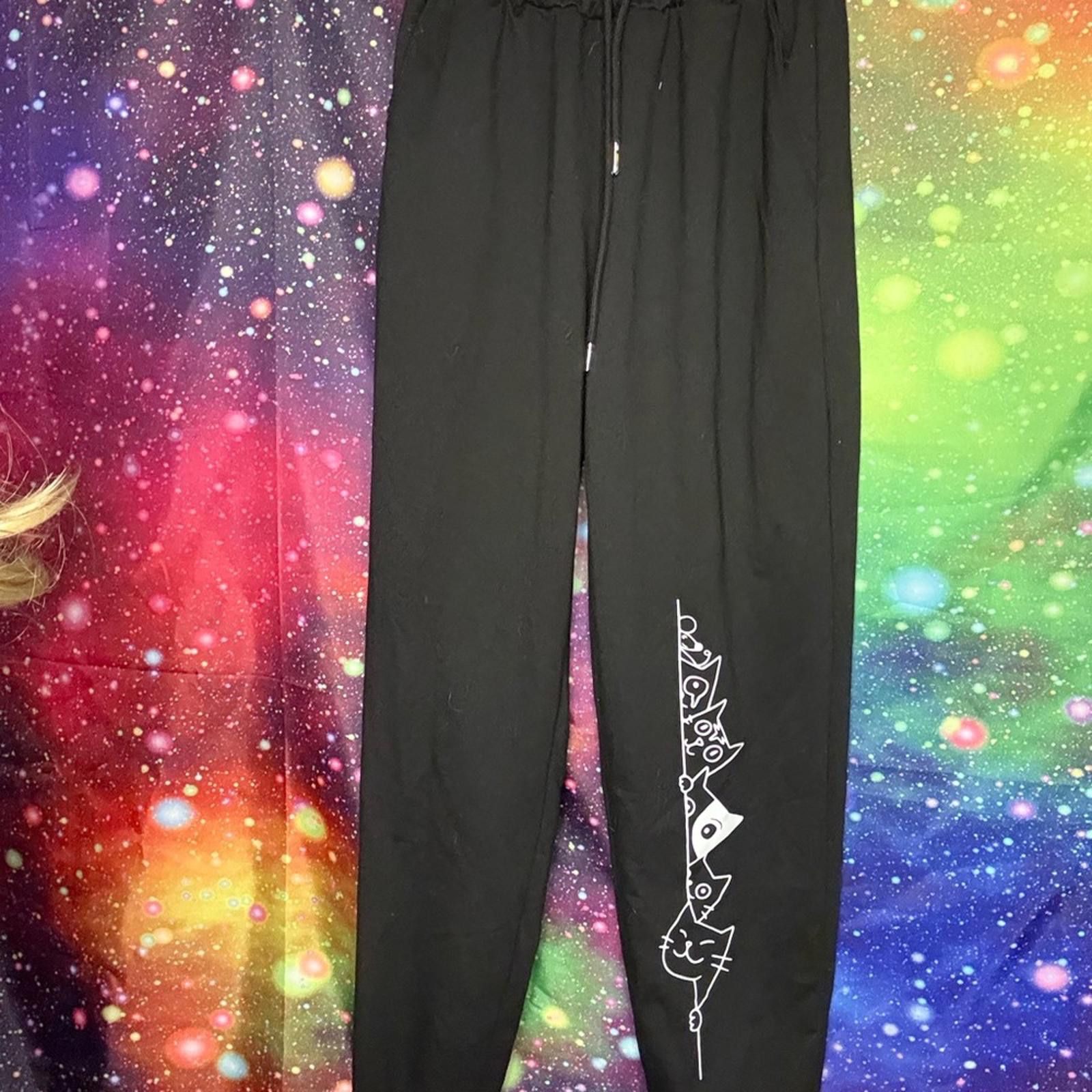 Designer Black Joggers with White Cat Pattern Size 26" / US 2 / IT 38 - 1 Thumbnail