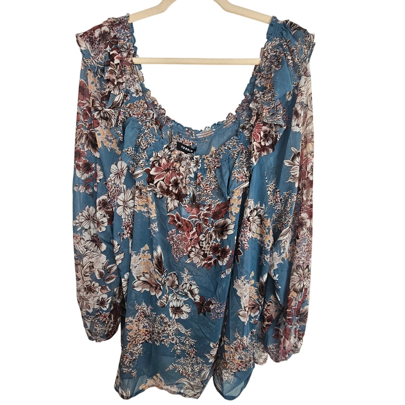 Corridor Torrid Off Shoulder Ruffle Top Size 3X Sheer Floral Crinkle Size 3XL / US 20-22 - 2 Thumbnail