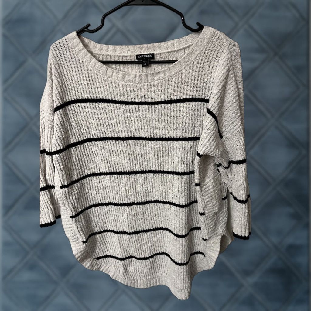 Express Express Womens Medium White Striped3/4 Sleeve Sweater Top Solid Dolman Knit Pullover Round Neck Casual Modern Cozy Size M / US 6-8 / IT 42-44 - 1 Thumbnail