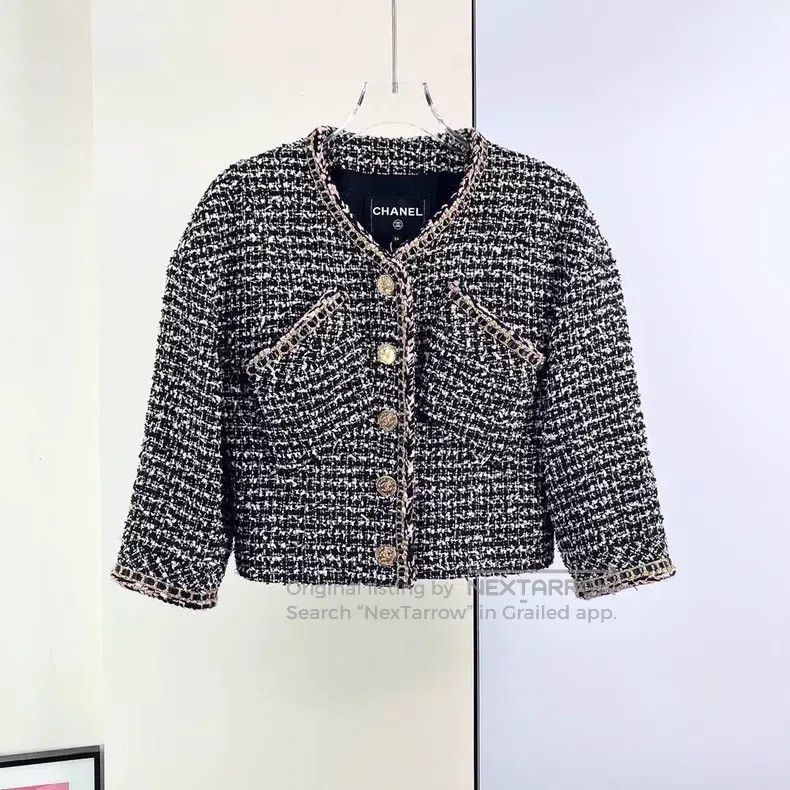 Chanel 21A Castle Series Black and White Tweed Pink Leathe