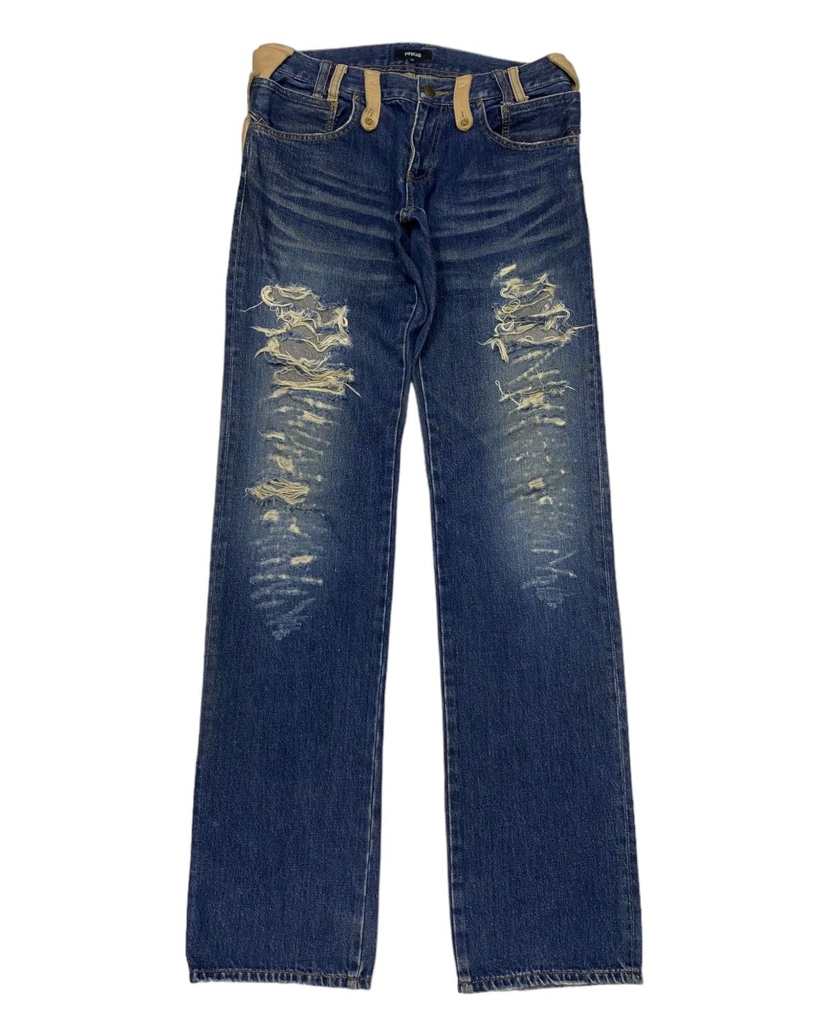 If Six Was Nine 🔥RARE PRIGS DISTRESSED DENIM LEATHER WAIST PART JEANS Size US 32 / EU 48 - 1 Thumbnail