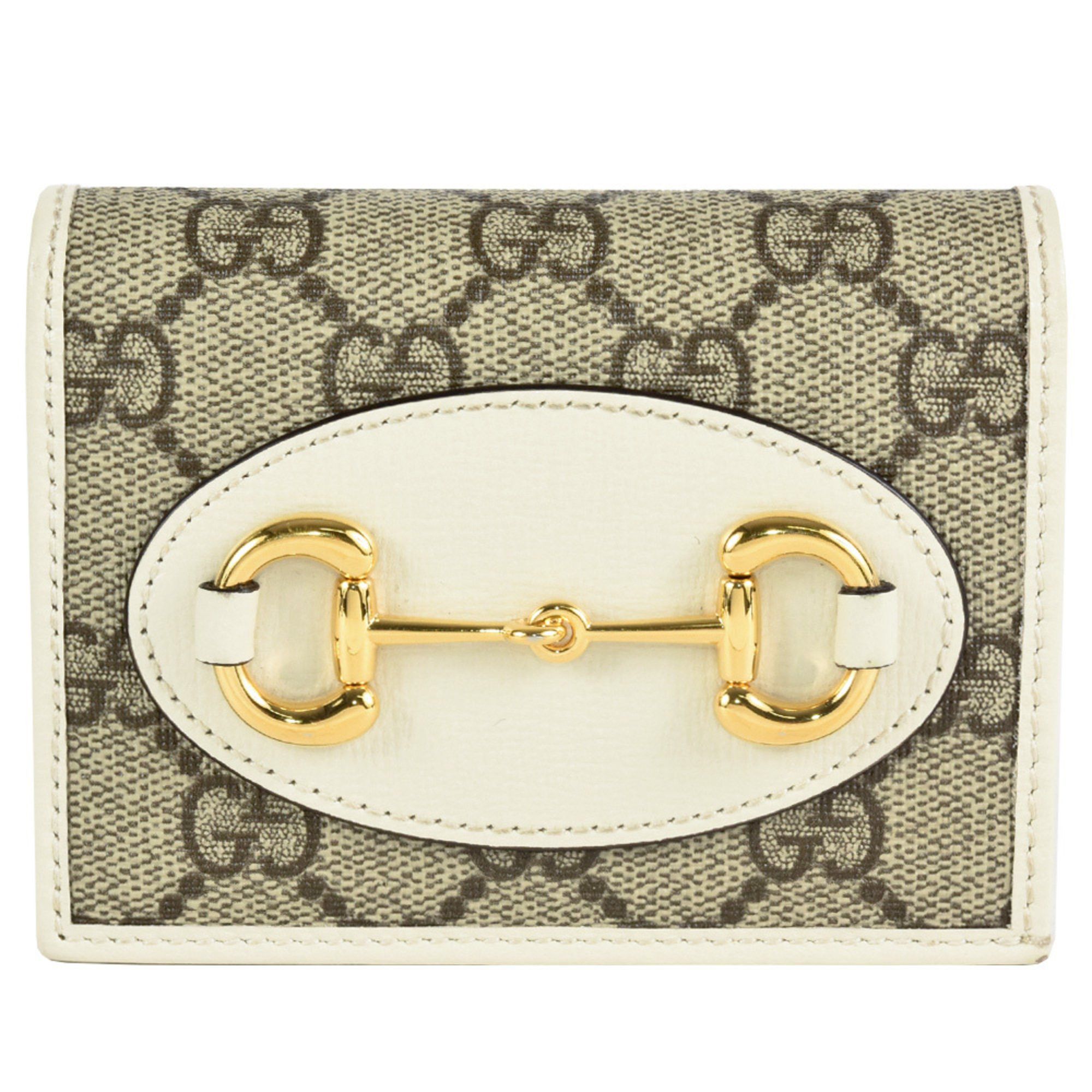 image of Gucci Horsebit 1955 Card Case Wallet Bi-Fold GG Supreme Canvas Leather 621887 Beige, Women's