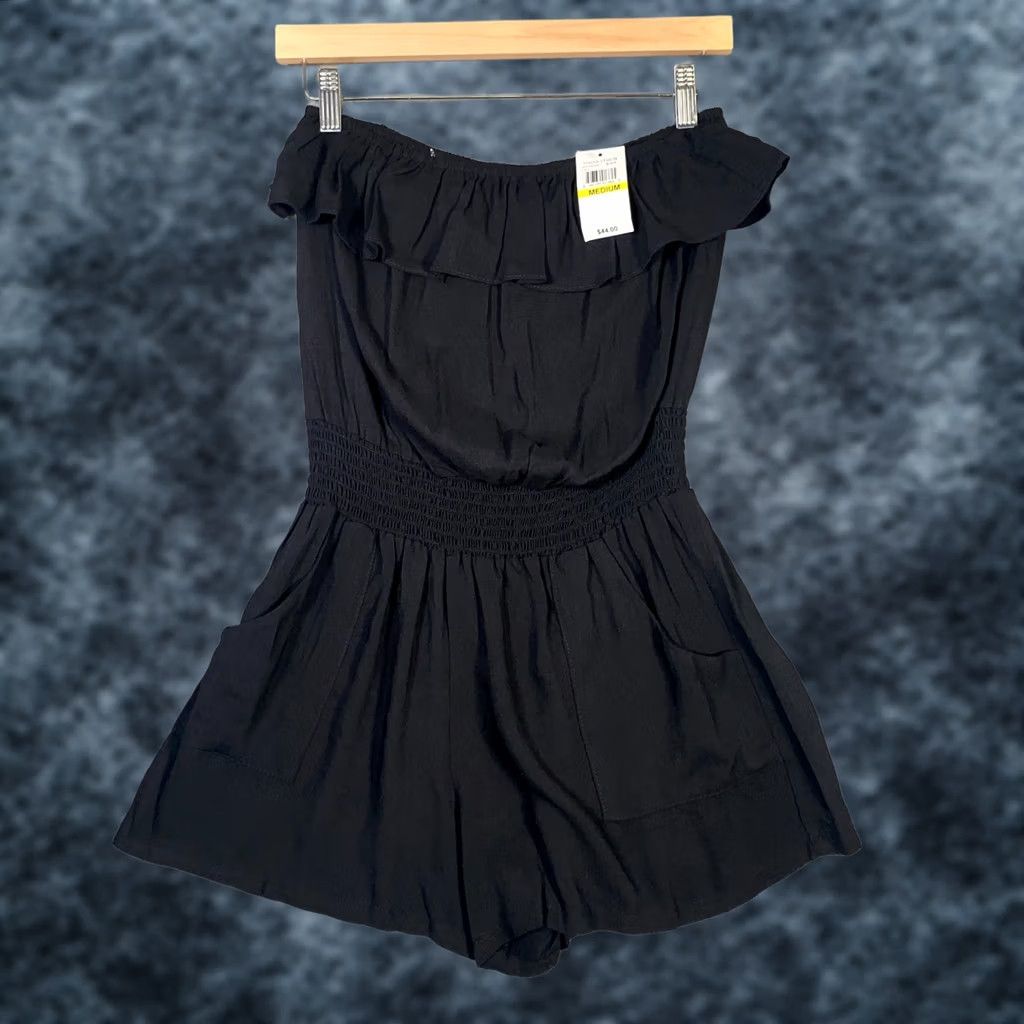 Vintage Mimi Chica Womens Romper Shirt One-Piece Strapless Pocket Smocked Ruffle Y2K Black Medium Size 32" / US 10 / IT 46 - 1 Thumbnail