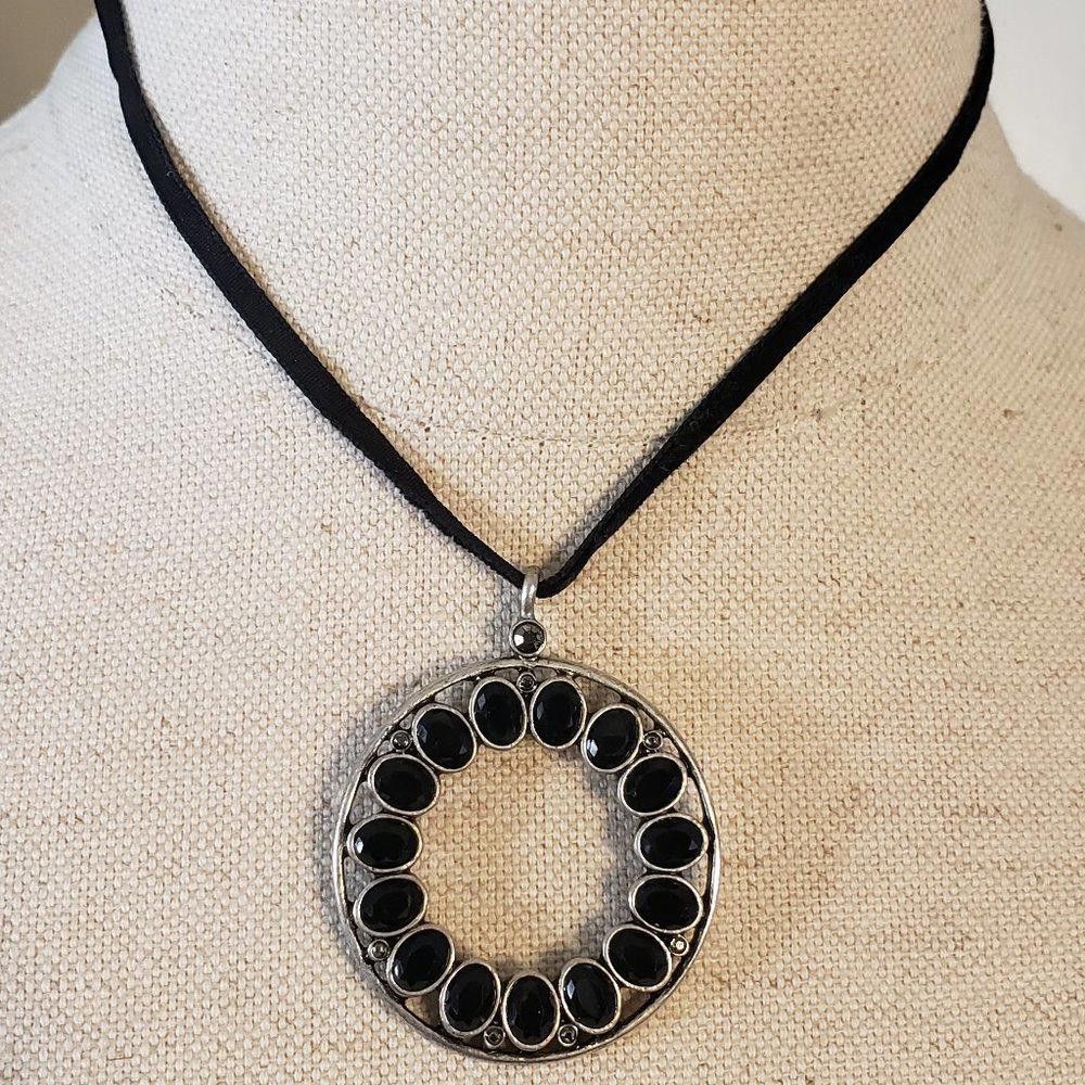 Designer Black Crystal Circular Silver Tone Necklace 18" Size ONE SIZE - 1 Thumbnail