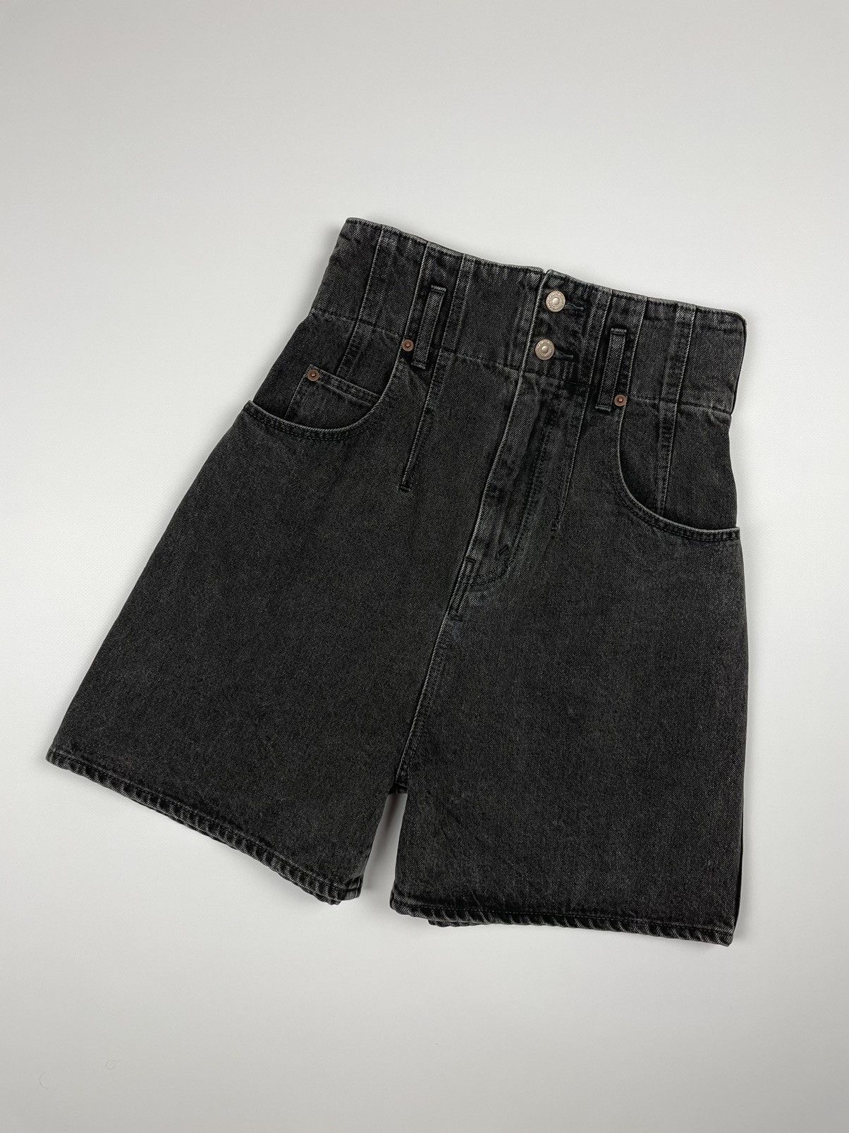 image of Celine Jumbo High Waisted Shorts In Charcoal Wash Size 26 in Grey, Women's