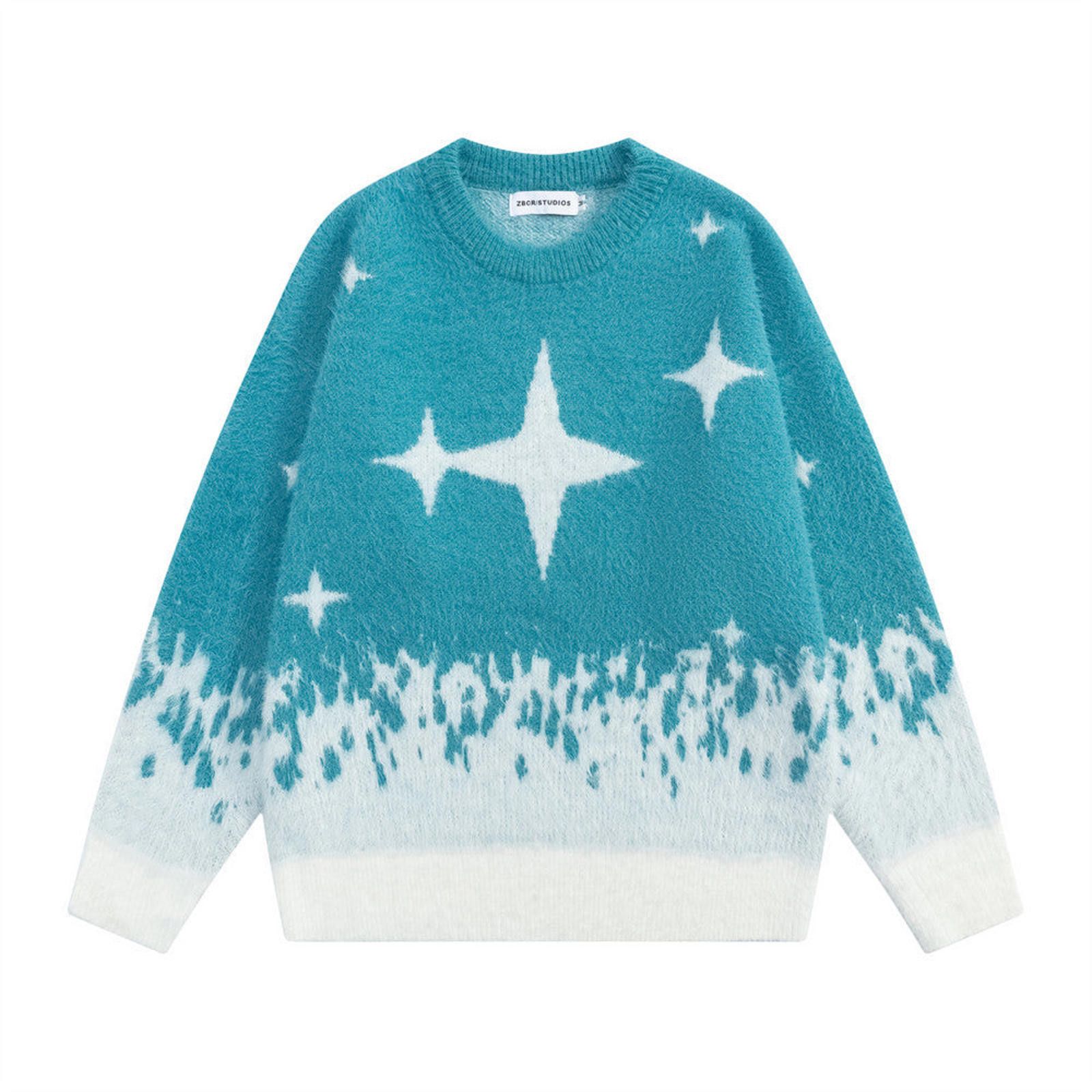 Vintage Blue Star Pattern Fuzzy Knit Sweater, Cozy Winter Pullover Size US M / EU 48-50 / 2 - 1 Thumbnail