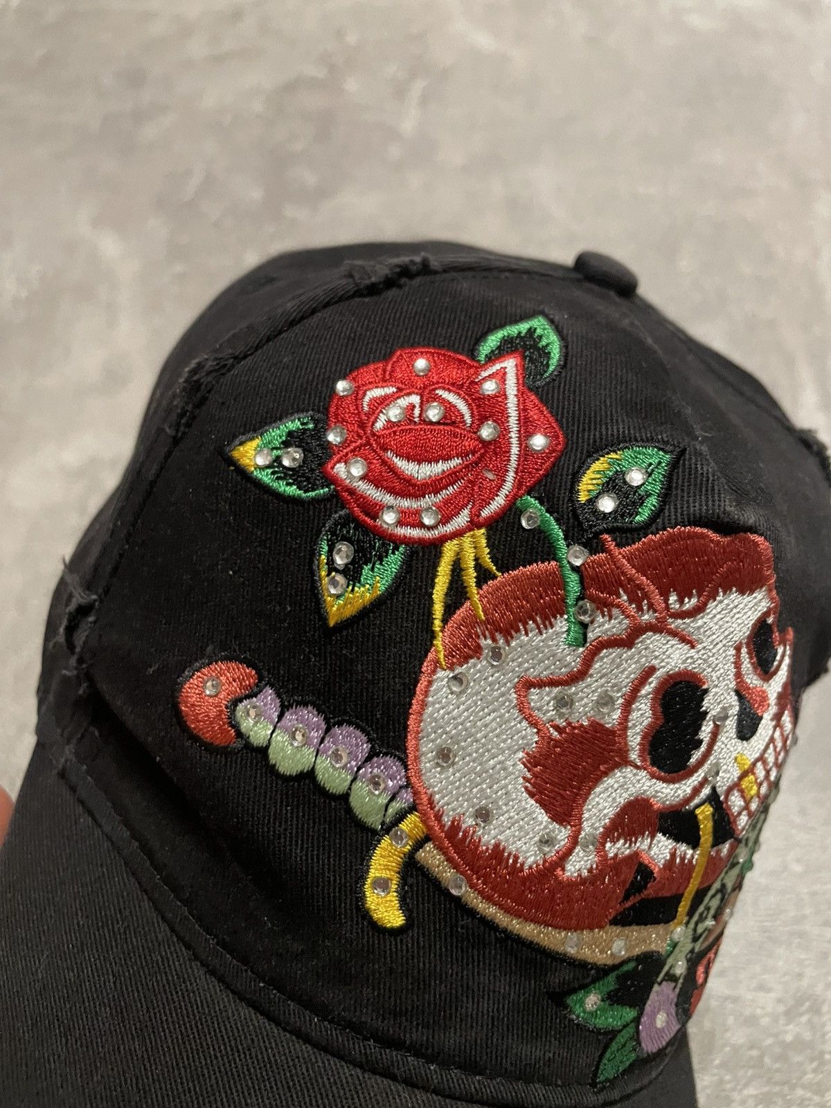 Ed Hardy × Japanese Brand Vintage Ed Hardy Style Skull Distressed Cap Y2K Size ONE SIZE - 5 Thumbnail