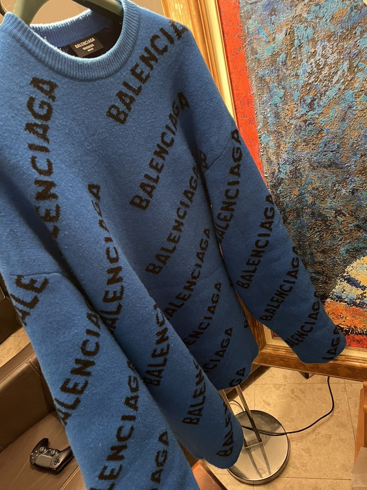 image of Balenciaga All Over Logo Sweater in Blue, Men's (Size XL)