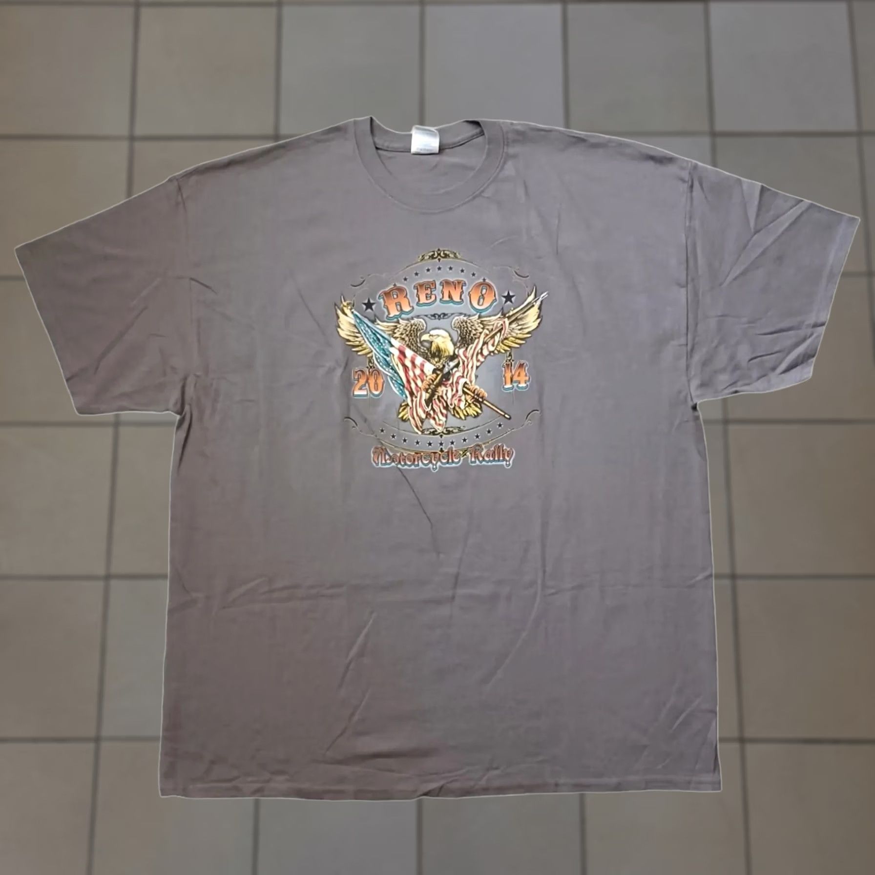 Gildan Reno Motorcycle Rally Mens Shirt XL Gray Two Side Graphic Eagle Flag Logo 2014 Size US XL / EU 56 / 4 - 1 Thumbnail