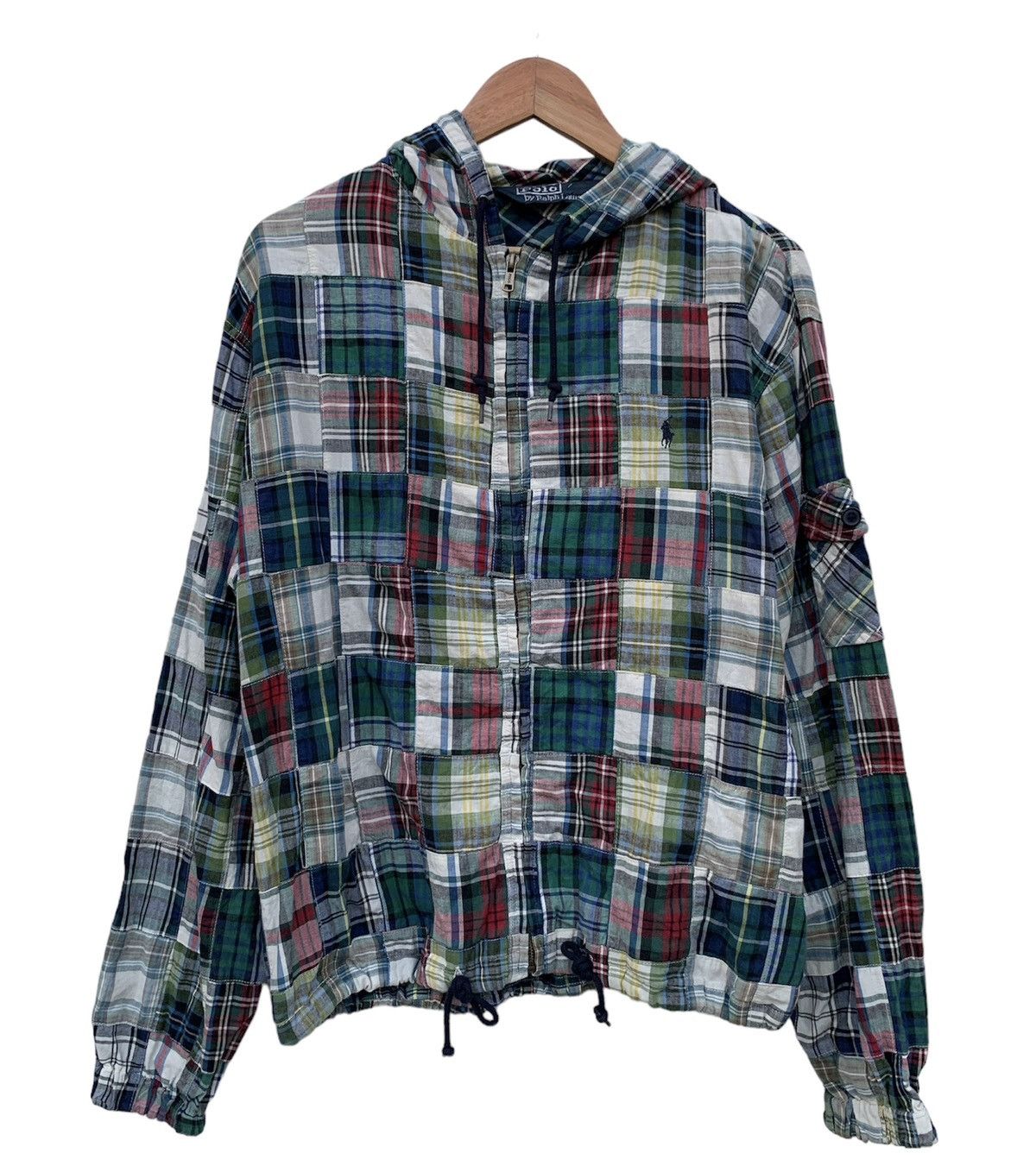 image of Vintage Polo Ralph Laurent Patchwork Zip Up Hoodie in Blue Patchwork, Men's (Size Large)