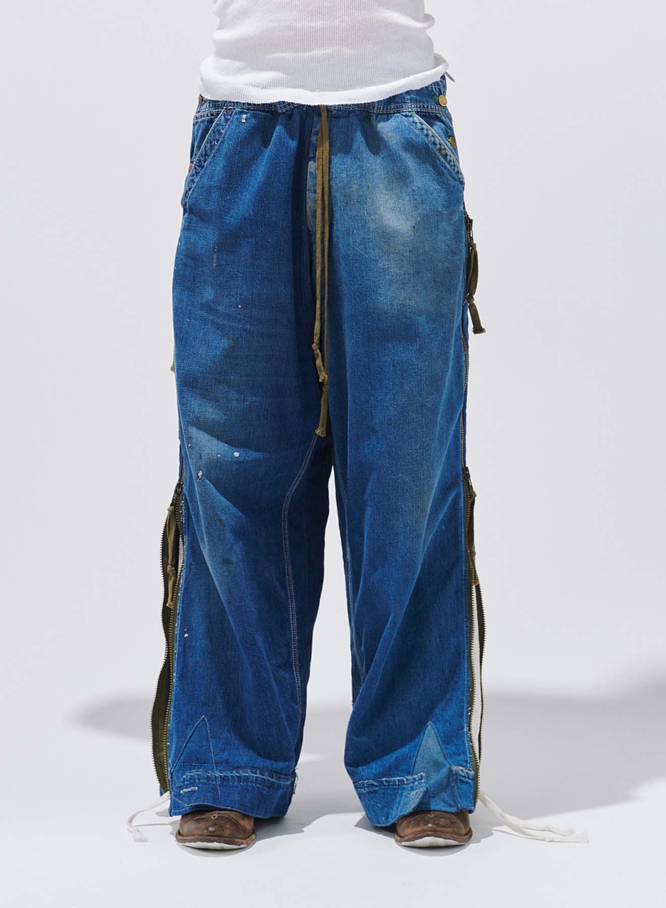 $1700 Greg Lauren Denim Wide Leg Jeans with Sweats