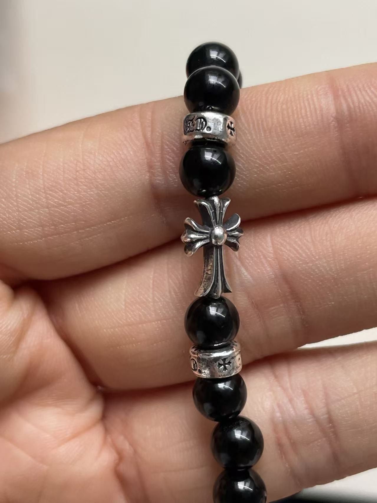 Chrome Hearts Chrome Hearts 6mm Obsidian 3 Silver Cross Bracelet Size ONE SIZE - 10 Thumbnail