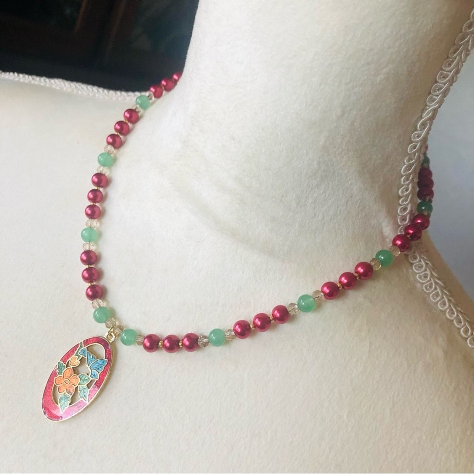 Handmade Handcrafted repurpose cloisonné Pearl necklace Size ONE SIZE - 4 Thumbnail