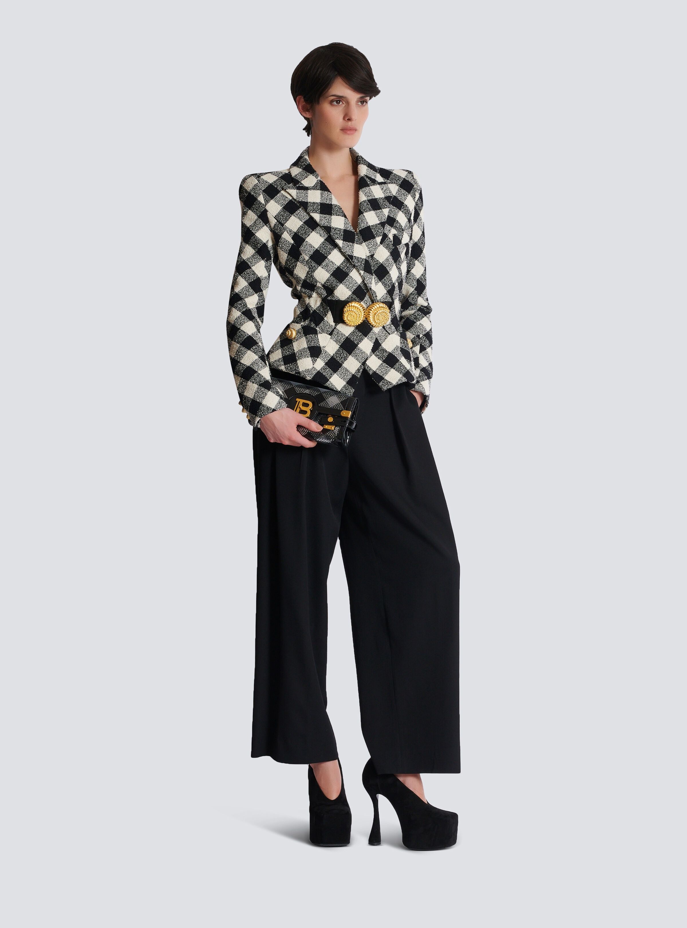 Balmain o1s1wg111025 Belted Gingham Tweed Jacket in Black/White Size M / US 6-8 / IT 42-44 - 3 Thumbnail