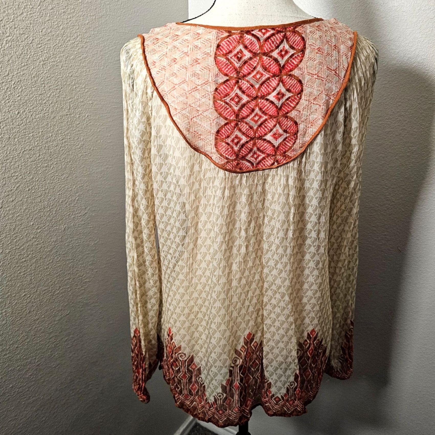 Lucky Brand Lucky Brand Top Shirt Regular Womens L Brown Red Paisley Long Sleeve Sheer Booth Blouse Size L / US 10 / IT 46 - 3 Thumbnail