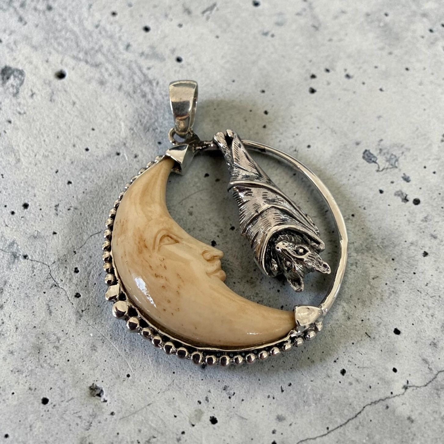 Other Sterling Silver Bat Moon Pendant Carved Tea Bone Gothic Size ONE SIZE - 8 Thumbnail