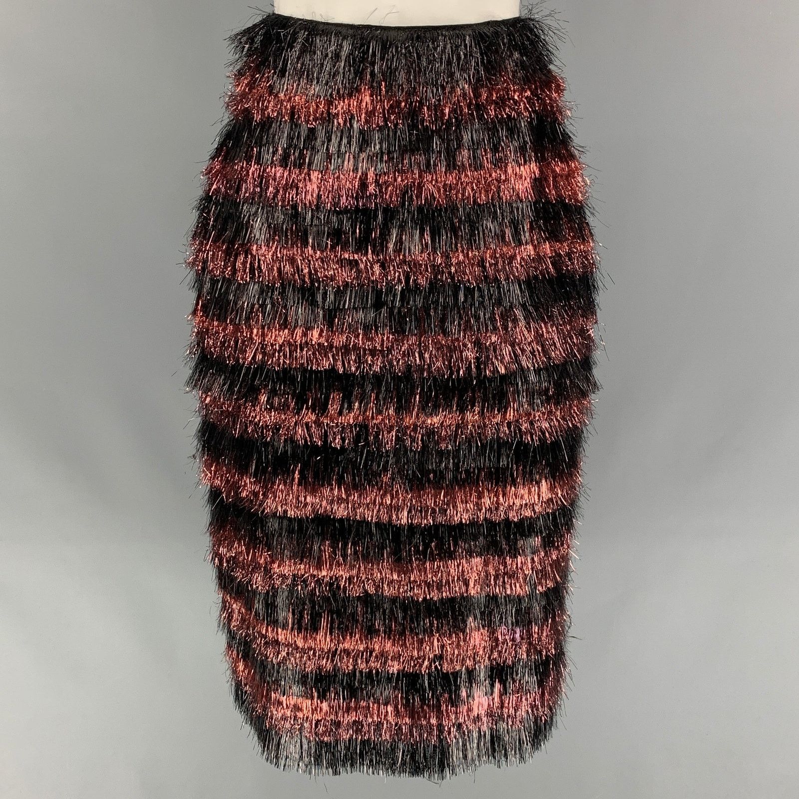 Burberry Prorsum Fall 2012 6 Cherry & Black Polyamide / Silk Stripe Skirt Size 28" / US 6 / IT 42 - 1 Thumbnail