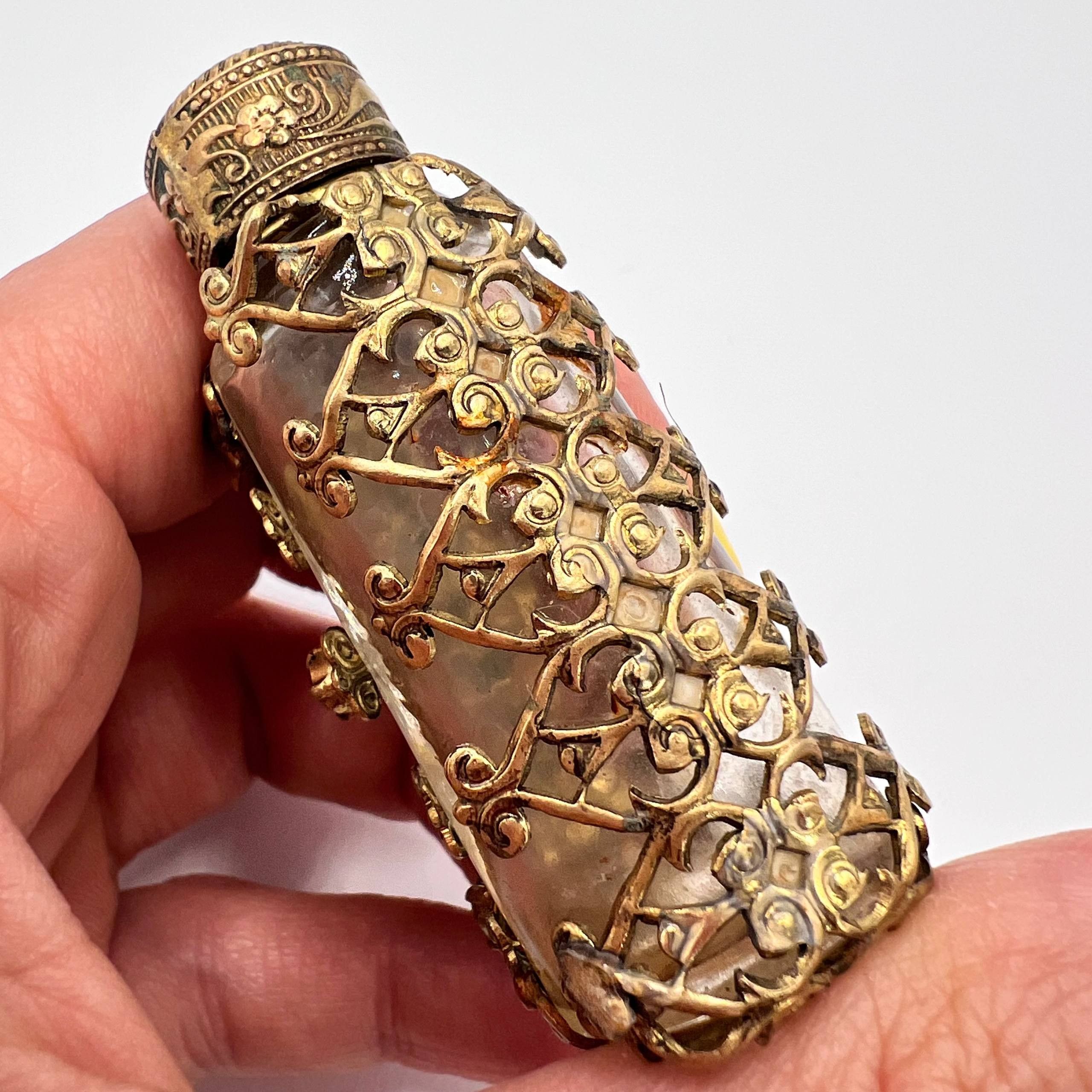 Vintage 1970 Vintage Czech Glass Perfume Bottle Gilt Brass Filigree Size ONE SIZE - 6 Thumbnail