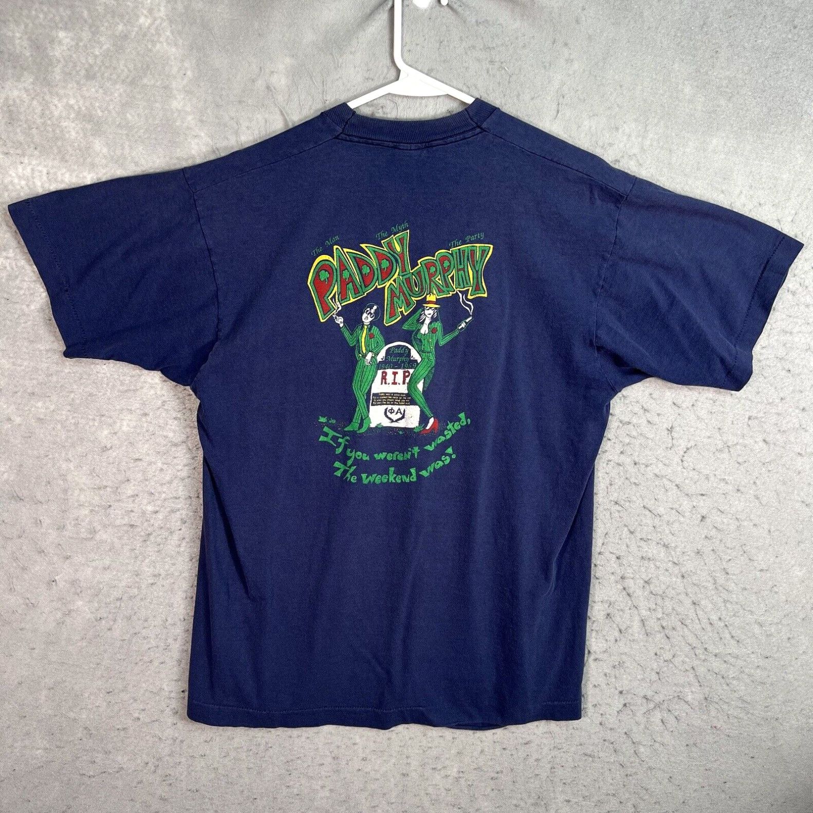 image of Fruit Of The Loom Vintage 1989 Paddy Murphy The Man The Myth The Party T Shirt Adult Large Blue in 