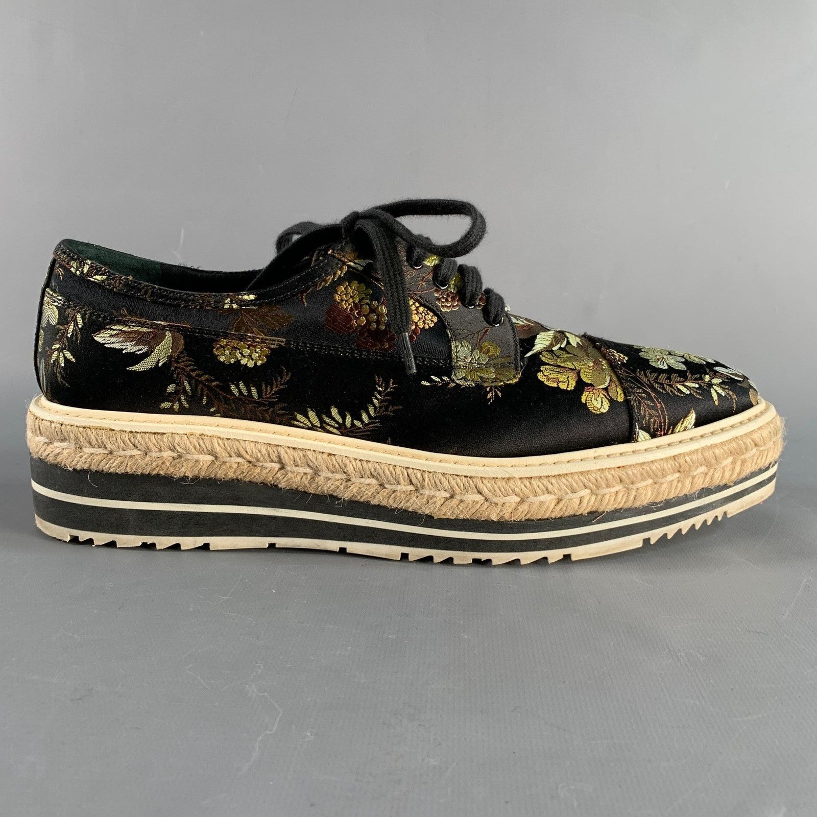 Prada PRADA Black Multi-Color Jacquard Floral Platform Laces Size US 11 / IT 41 - 2 Thumbnail