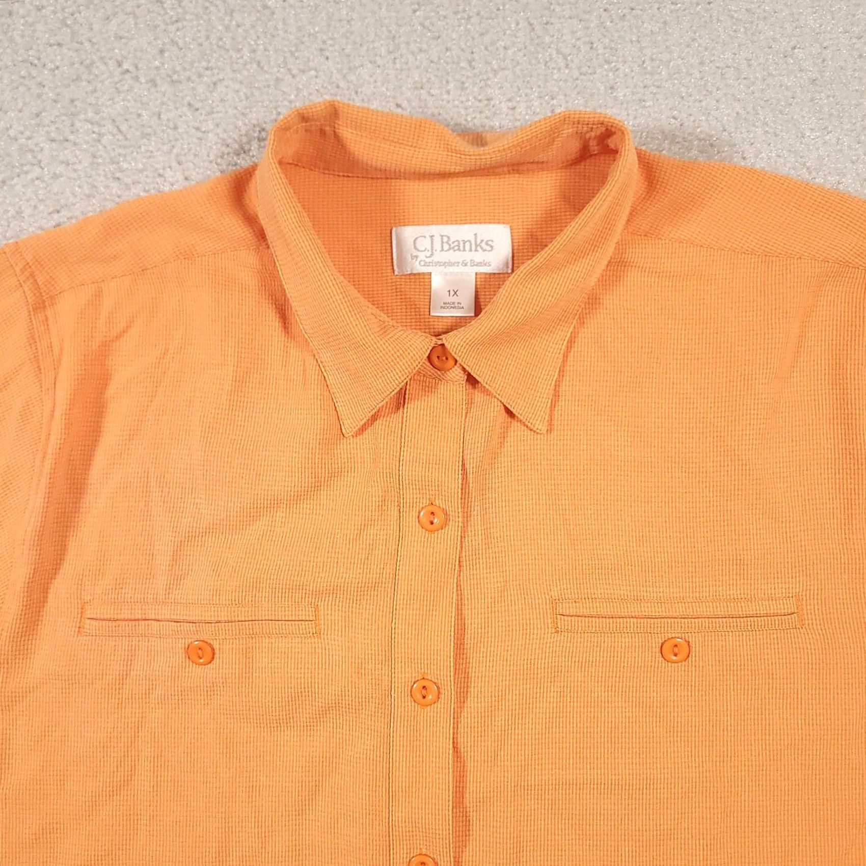 Vintage C.J. Banks Shirt Womens 1X Orange Short Sleeve Button Front Rayon Blend Pockets Size XL / US 12-14 / IT 48-50 - 3 Thumbnail