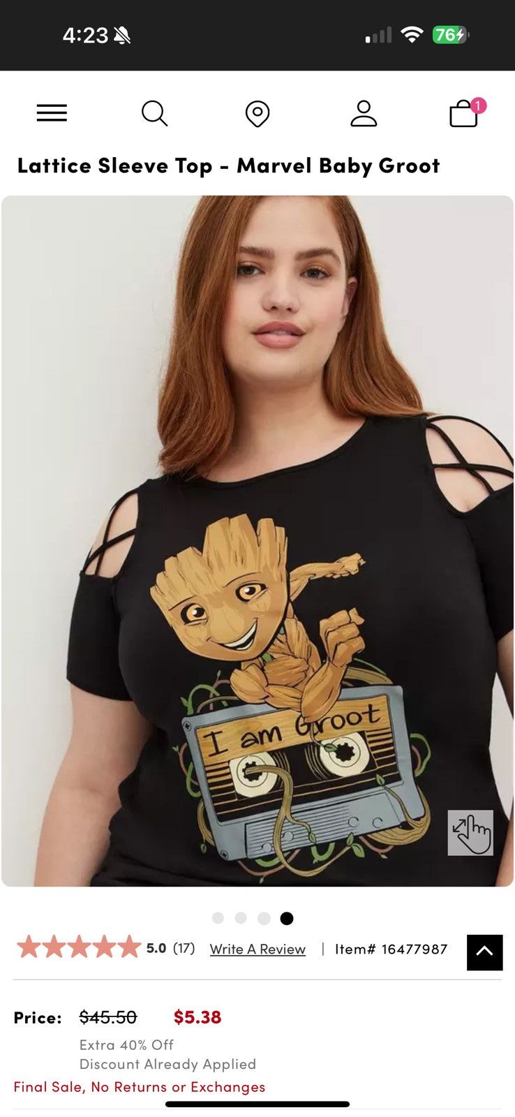 Torrid Torrid Marvel Size 5X Baby Groot Lattice Sleeve Top Size ONE SIZE - 4 Thumbnail