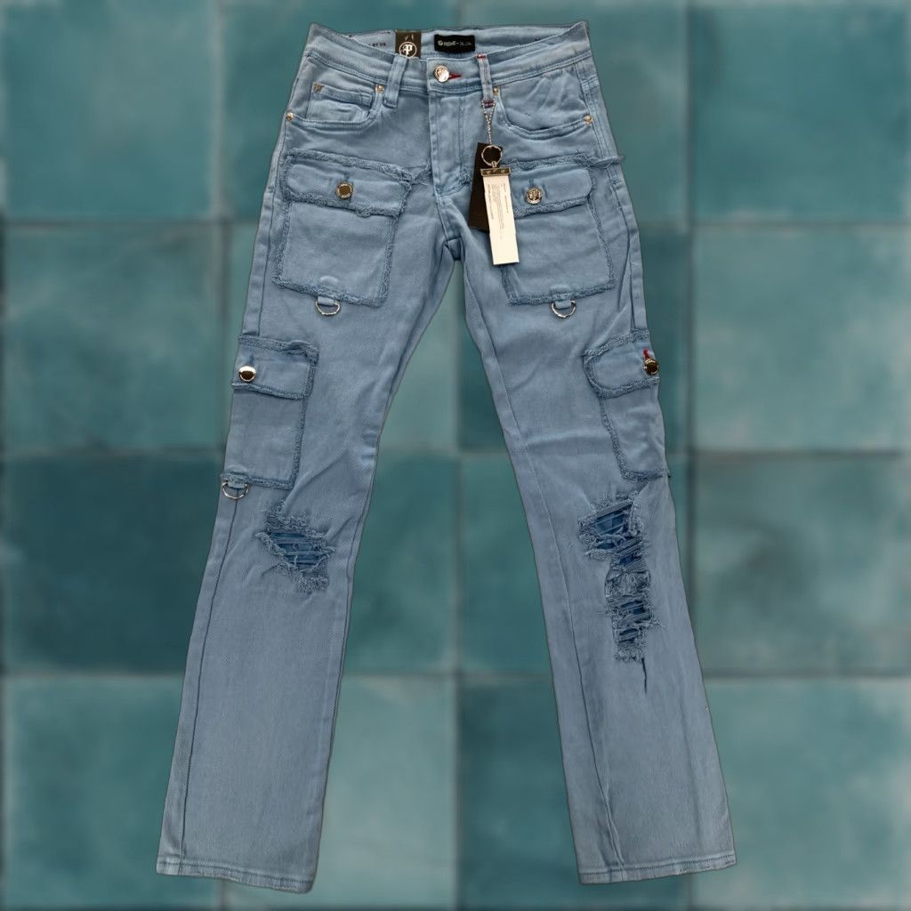 Vintage Preme Jeans Mens 28x33 Semi Stacked Fit Cargo Utility Blue Distressed Denim Y2K Jeans Mens Regular Blue Distressed Y2K Size US 28 / EU 44 - 1 Thumbnail