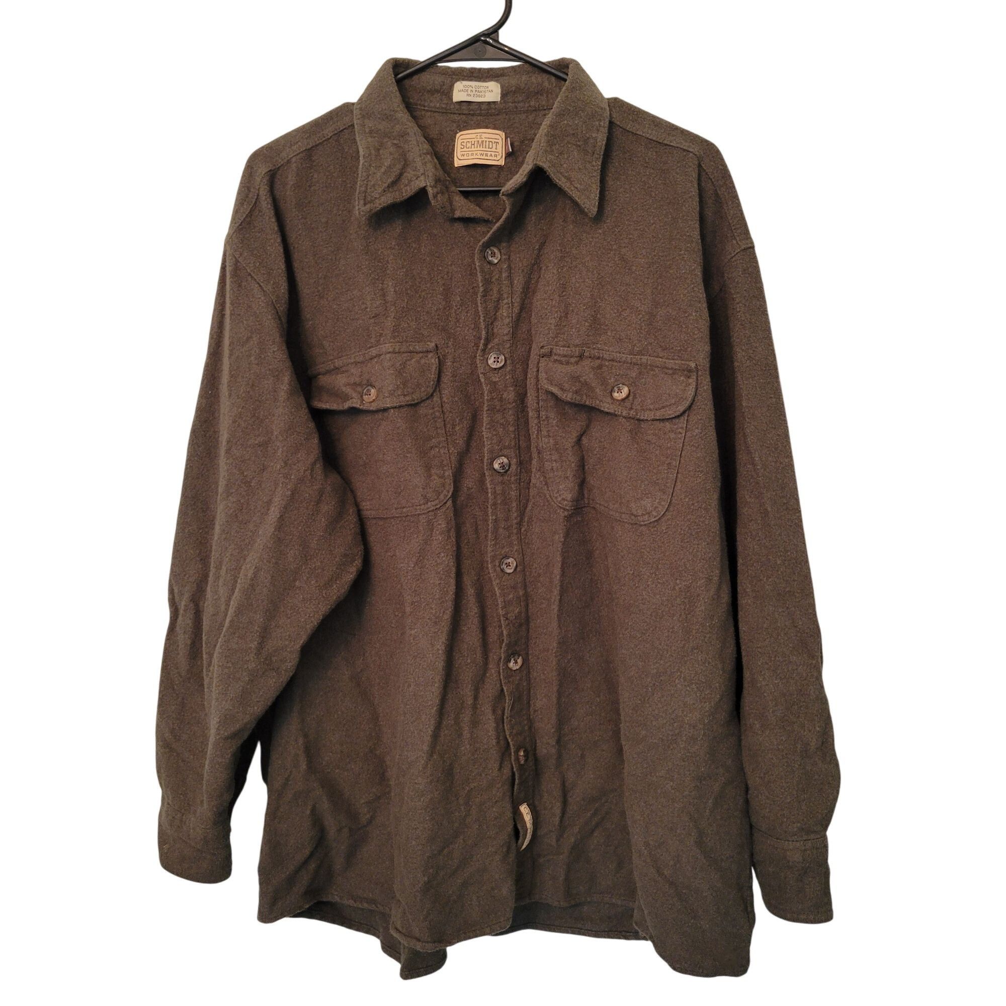 Vintage C.E. Schmidt 2X Workwear Shirt Olive Green Heavyweight Flann Size US XXL / EU 58 / 5 - 1 Thumbnail