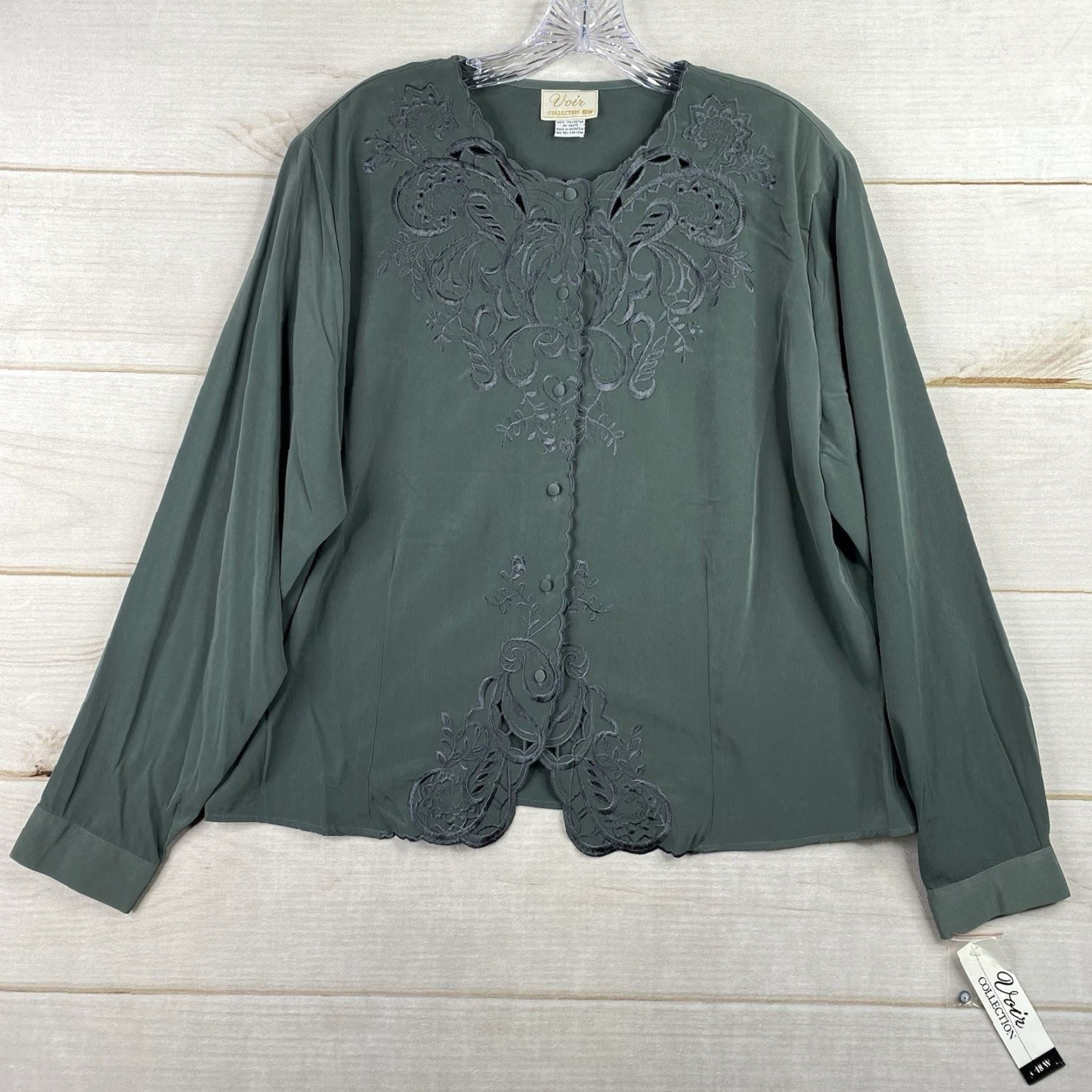 Vintage VOIR VTG Green Embroidered Button Up Blouse Womens 18W Satin Floral Lace 90s Vintage NWT Size XXL / US 16-18 / IT 52-54 - 2 Thumbnail