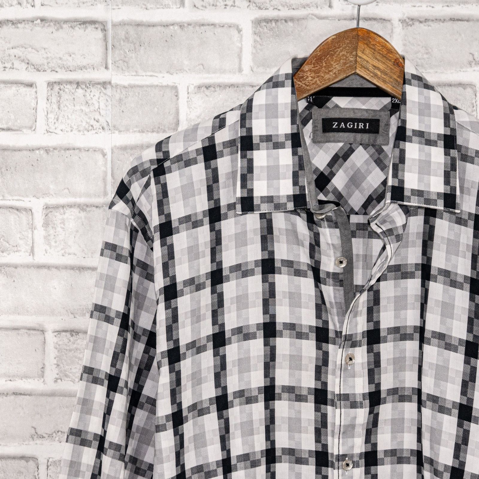 ZAGIRI ZAGIRI Men's Button up Shirt in White Gray Grid check Size US XXL / EU 58 / 5 - 4 Thumbnail