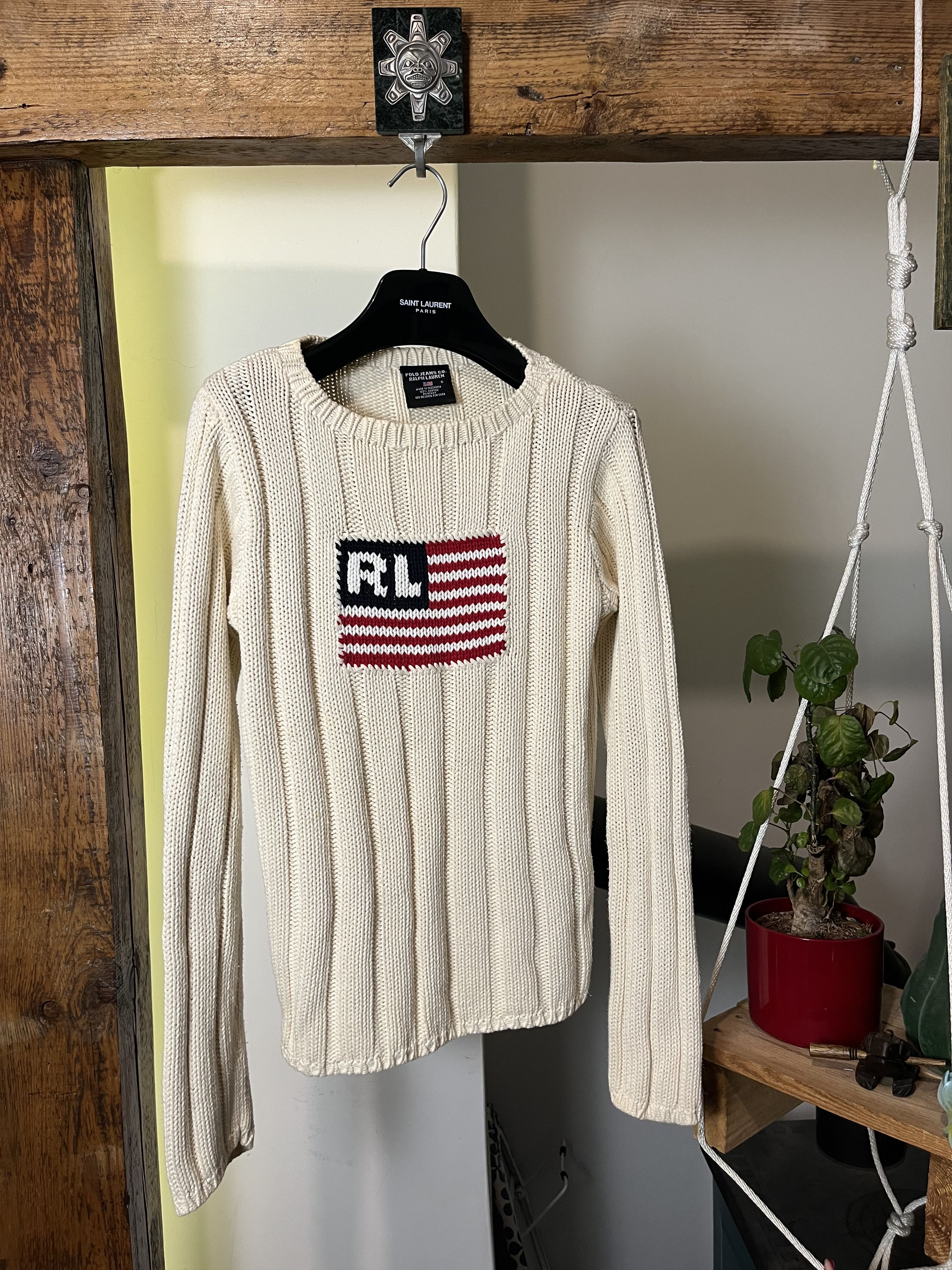 Lauren Ralph Lauren × Ralph Lauren × Vintage Vintage Polo Ralph Lauren USA Flag Beige Cable Knit Knitwear Size US S / EU 44-46 / 1 - 1 Thumbnail