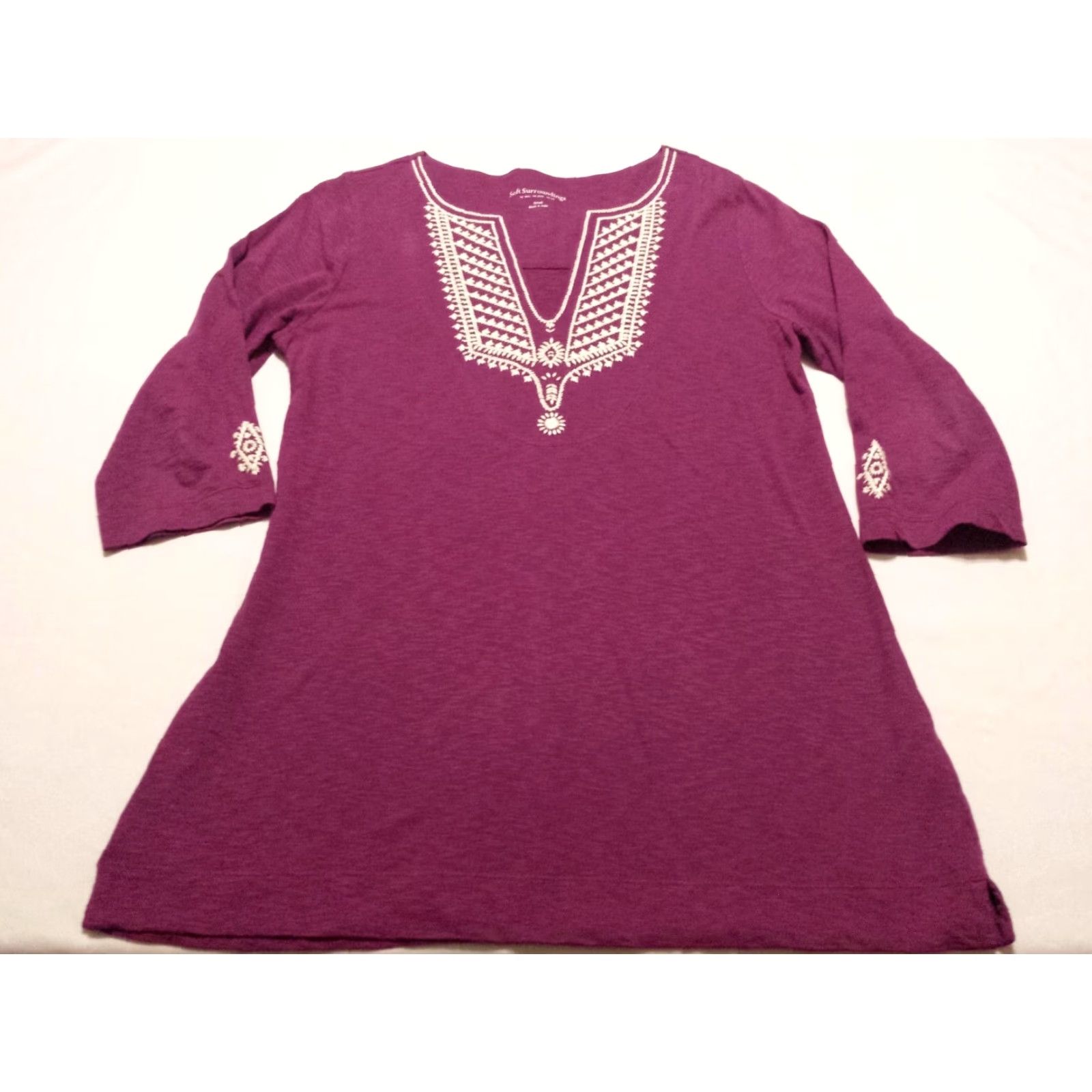 Soft Surroundings **Womens 3/4 Sleeve Solid Purple V-Neck Cotton Shirt** User: **Womens Solid Purple 3/4 Sleeve V-Neck Cotton Shirt** Size S / US 4 / IT 40 - 2 Thumbnail