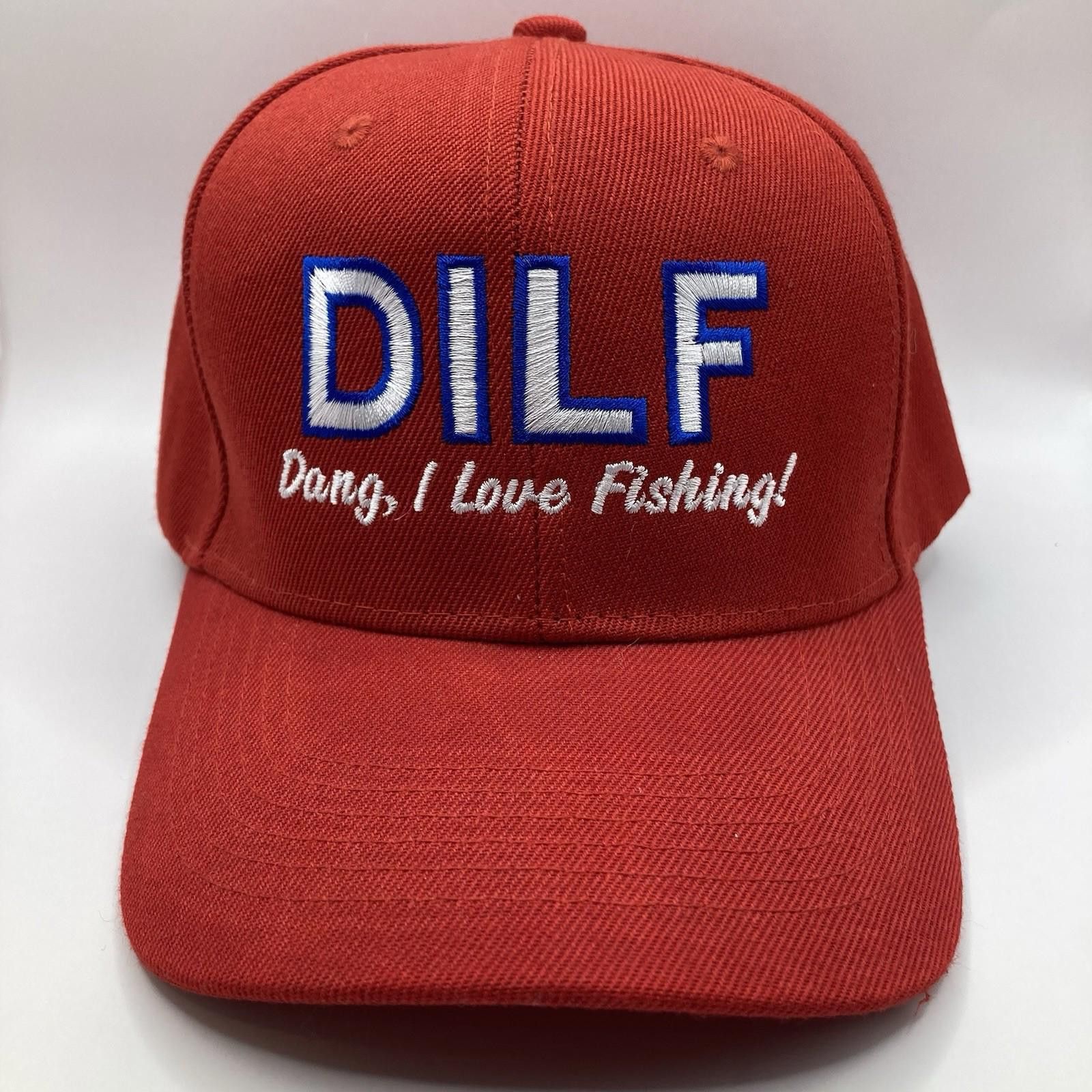 The Unbranded Brand DILF Dang I Love Fishing Red Baseball Cap Embroidered Size ONE SIZE - 1 Thumbnail