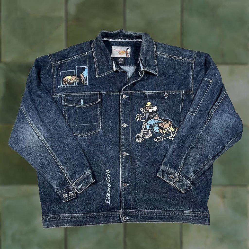Denime Raw Blue Denim Jacket Mens 2XL Embroidered Bulldog Graphic Dis my Crib Applique Size US XXL / EU 58 / 5 - 1 Thumbnail