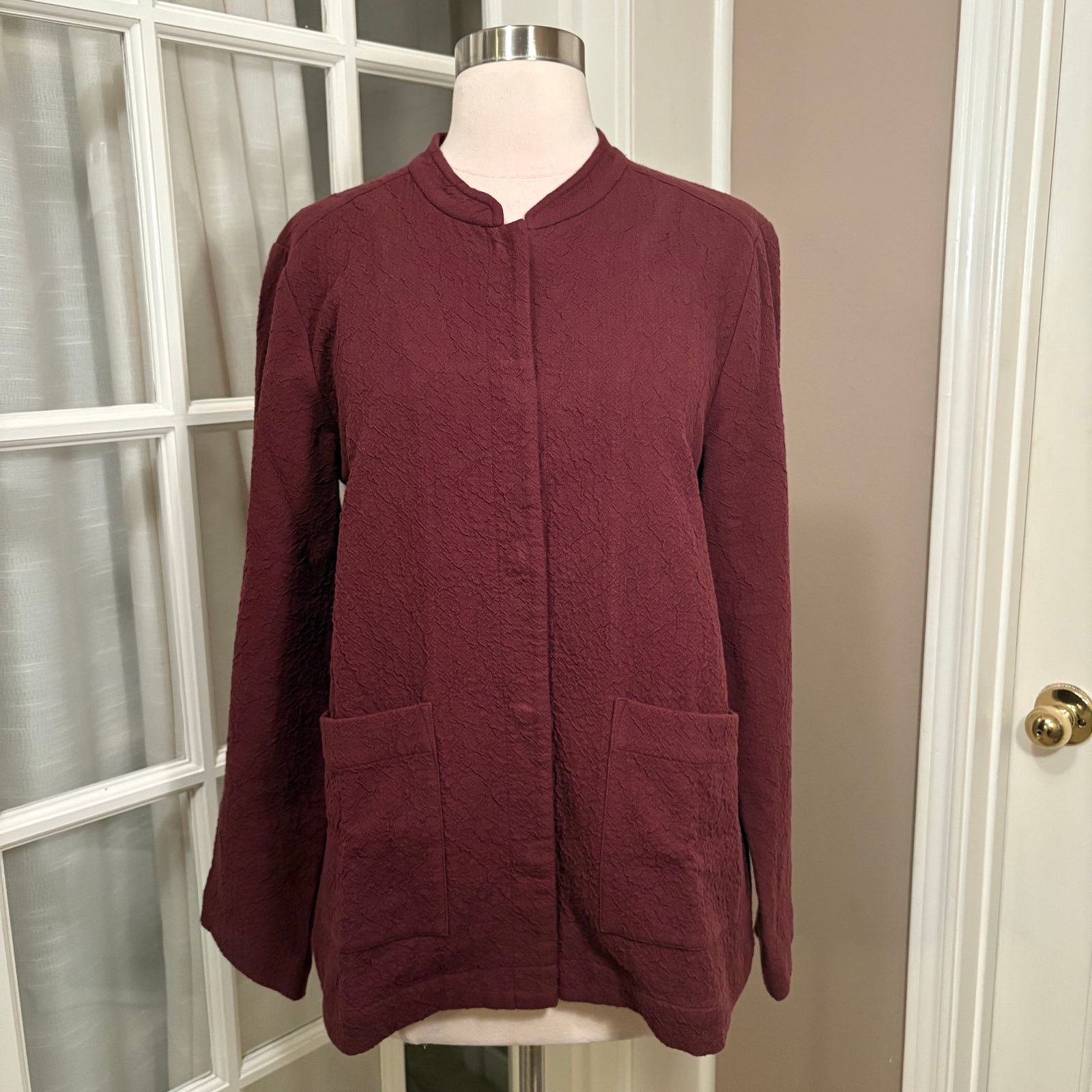 Eileen Fisher Eileen Fisher Organic Cotton Textured Jacket Burgundy Small Size S / US 4 / IT 40 - 2 Thumbnail