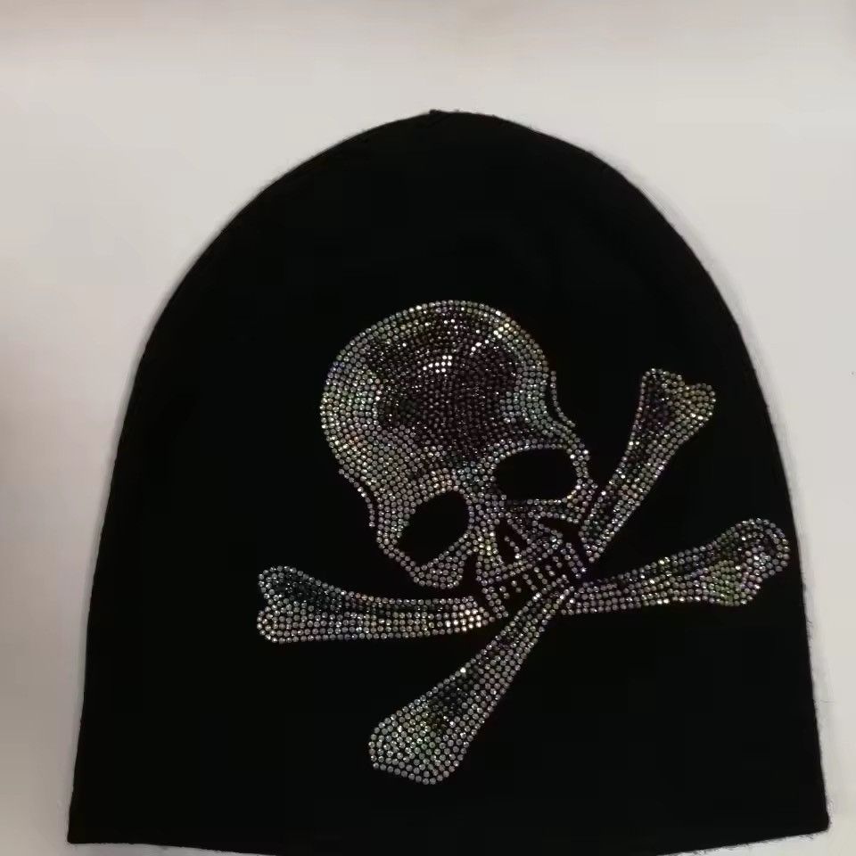 Japanese Brand Gothic Black Skull Rhinestone Knitted Beanie Hats Size ONE SIZE - 2 Thumbnail