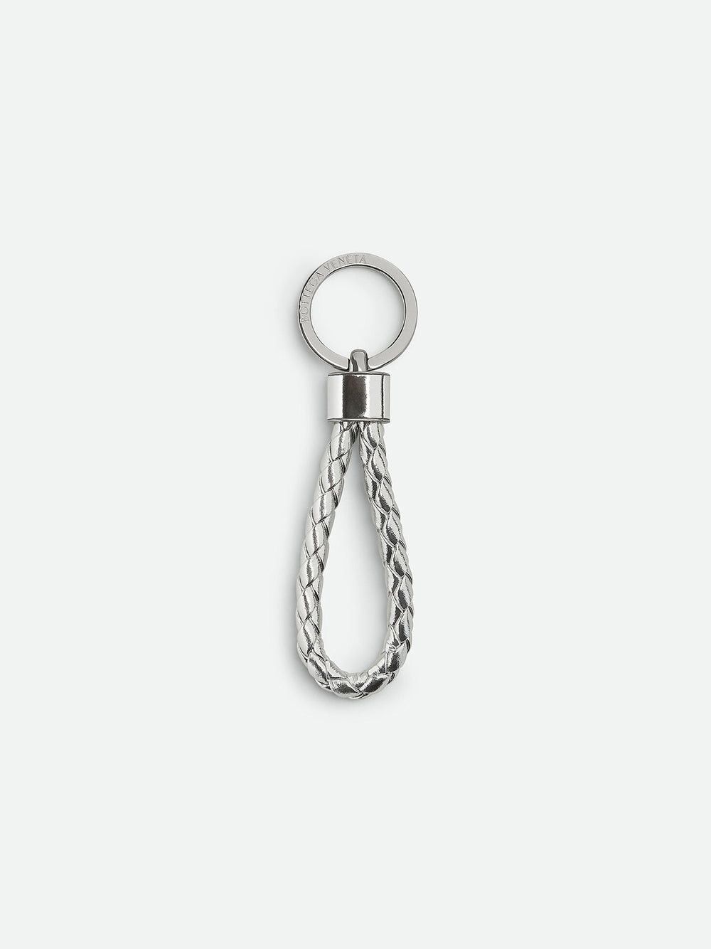 image of Bottega Veneta Leather Intreccio Key Ring in Silver, Women's