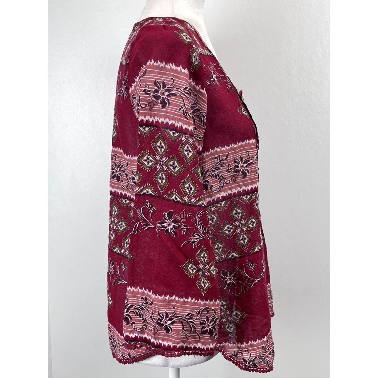 Vintage Ralph Lauren Womens Peasant Blouse Top Small Red Floral 3/4 Sleeve Cotton Casual Size S / US 4 / IT 40 - 4 Thumbnail