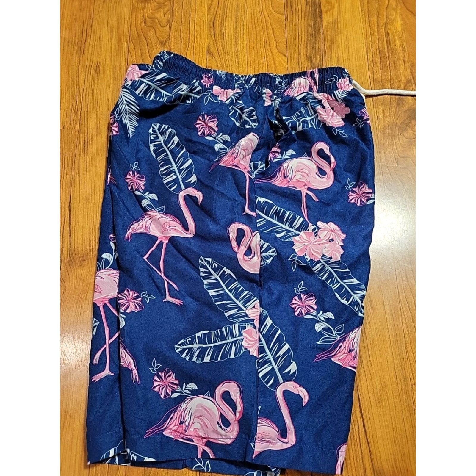 Vintage Flamingo Swim Trunks All Over Print Blue & Pink M Men Bottom with Pockets Drawstring 28"-32" Size ONE SIZE - 6 Thumbnail
